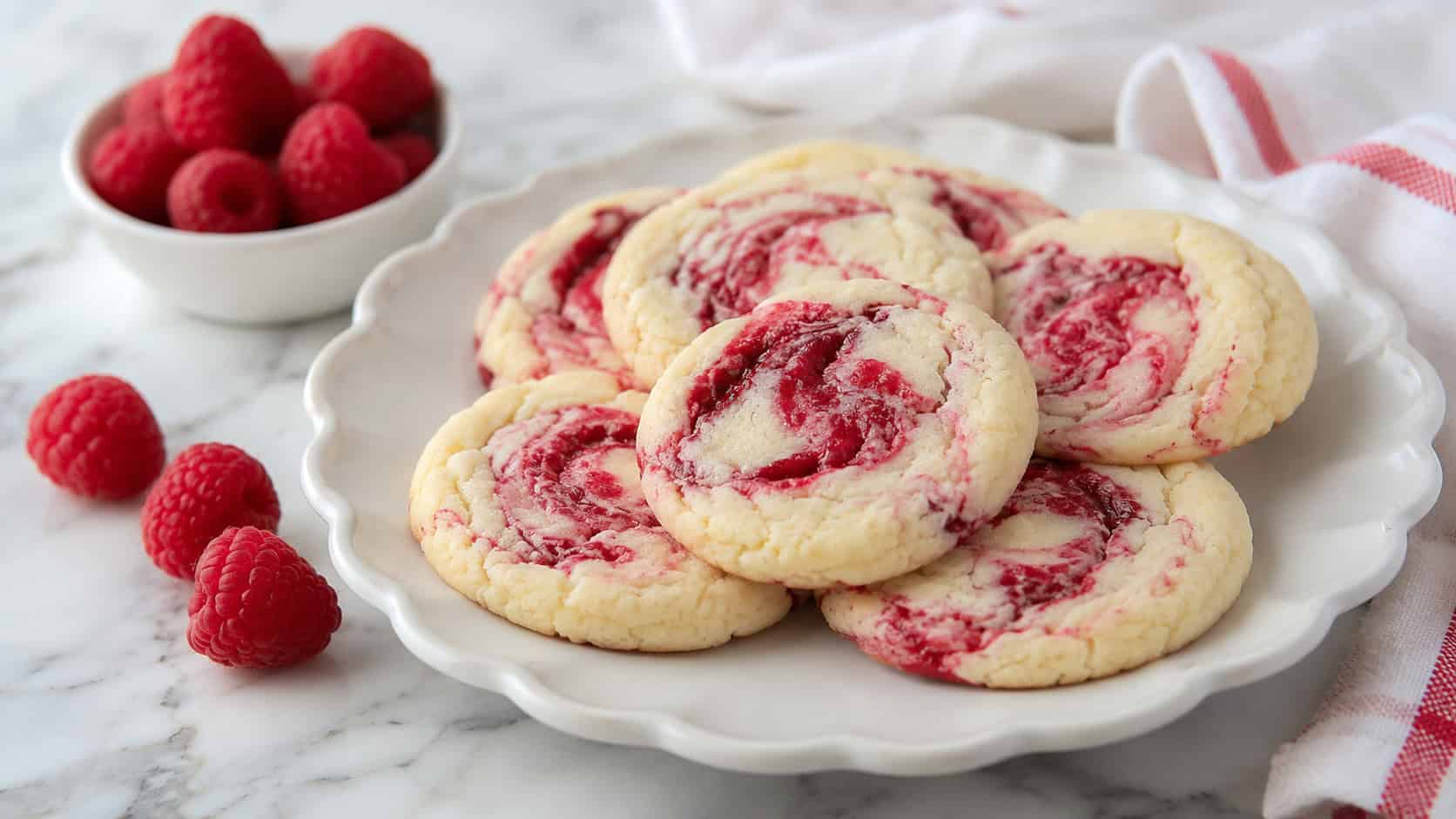 soft pale cream cheese cookies with raspberry swirls on a white scalloped plate, in a wide horizontal shot, fresh raspberries and a cloth napkin beside them on a light marble counter, bright natural light, shallow depth of field, landscape orientation
