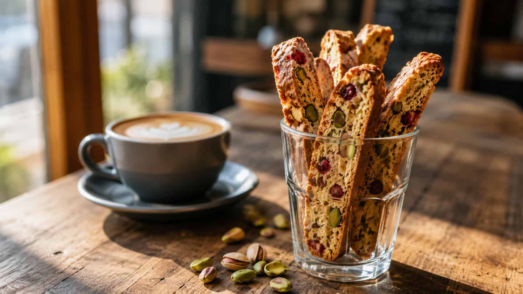 crisp biscotti slices flecked with green pistachios and red raspberry standing in a tall glass beside a coffee cup, in a wide horizontal shot, scattered pistachios on a wooden cafe table, warm natural light, shallow depth of field, landscape orientation