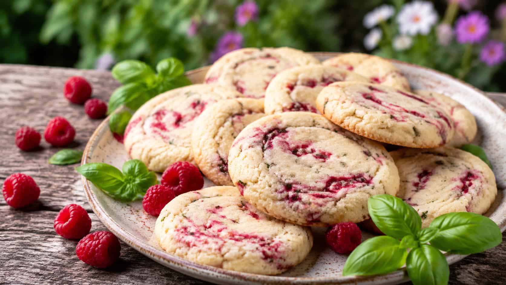 soft sugar cookies with raspberry swirls and tiny green basil flecks on a rustic ceramic plate, in a wide horizontal shot, fresh basil leaves and raspberries scattered on a garden table, bright natural light, shallow depth of field, landscape orientation