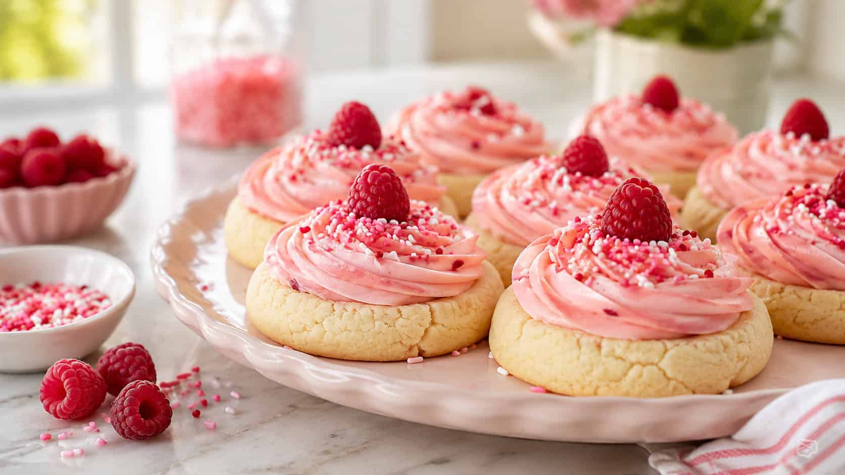 thick bakery-style sugar cookies topped with swirls of pink raspberry buttercream on a pastel platter, in a wide horizontal shot, sprinkles and fresh raspberries scattered on a bright counter, cheerful natural light, shallow depth of field, landscape orientation
