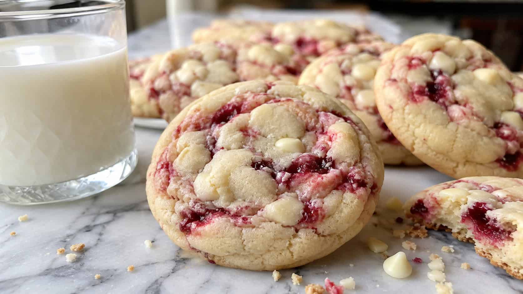 thick white chocolate raspberry swirl cookies with pink ribbons running through them on a marble countertop, in a wide horizontal shot, a glass of milk and crumbs nearby, soft natural light, shallow depth of field, landscape orientation