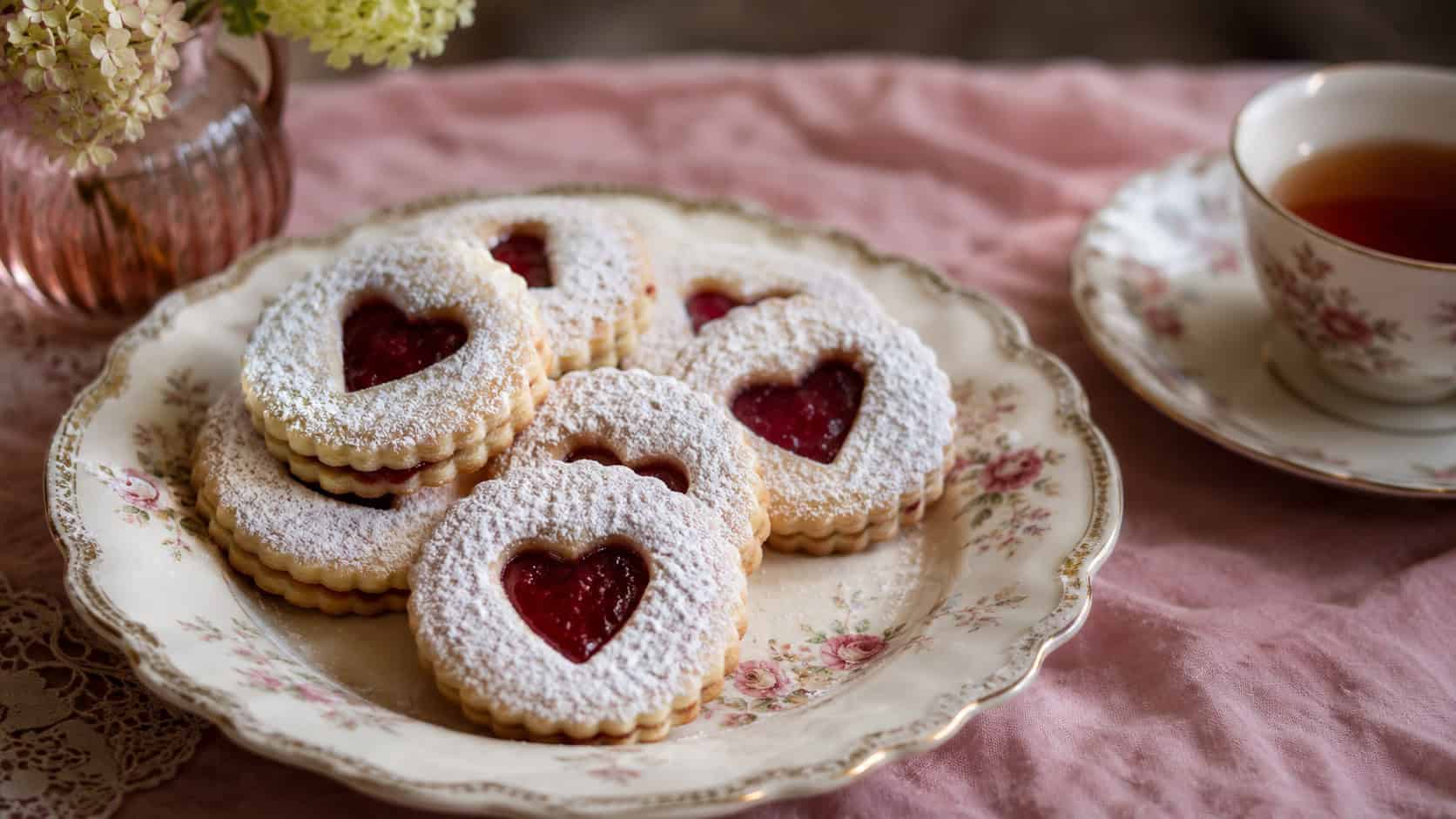 powdered-sugar-dusted Linzer cookies with raspberry filling glowing through heart cutouts on a vintage plate, in a wide horizontal shot, a soft pink tablecloth and teacup beside them, gentle natural light, shallow depth of field, landscape orientation