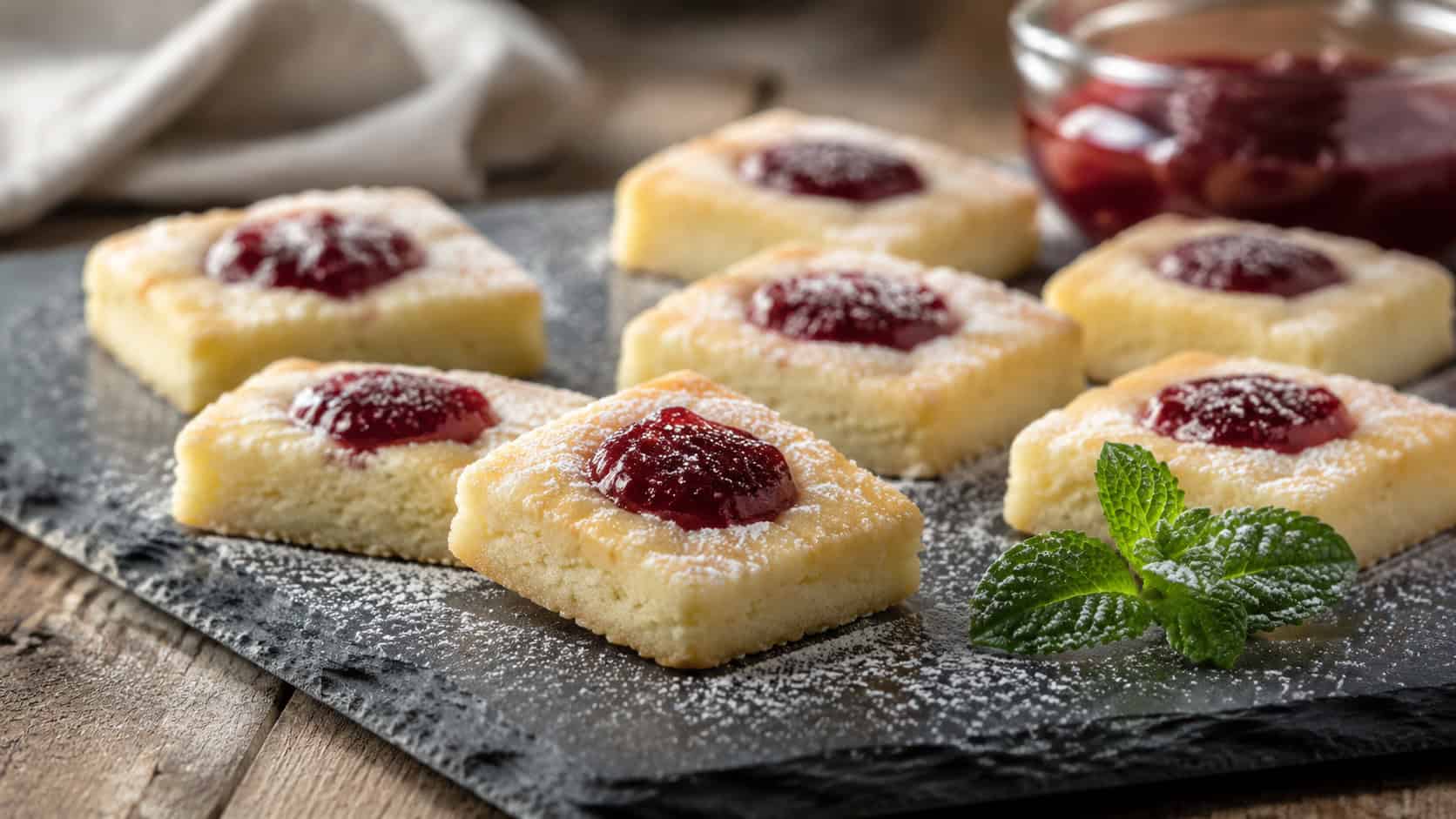 pale buttery shortbread squares each topped with a jewel of raspberry preserves on a rustic slate board, in a wide horizontal shot, a sprig of mint and dusting of sugar nearby, soft natural light, shallow depth of field, landscape orientation