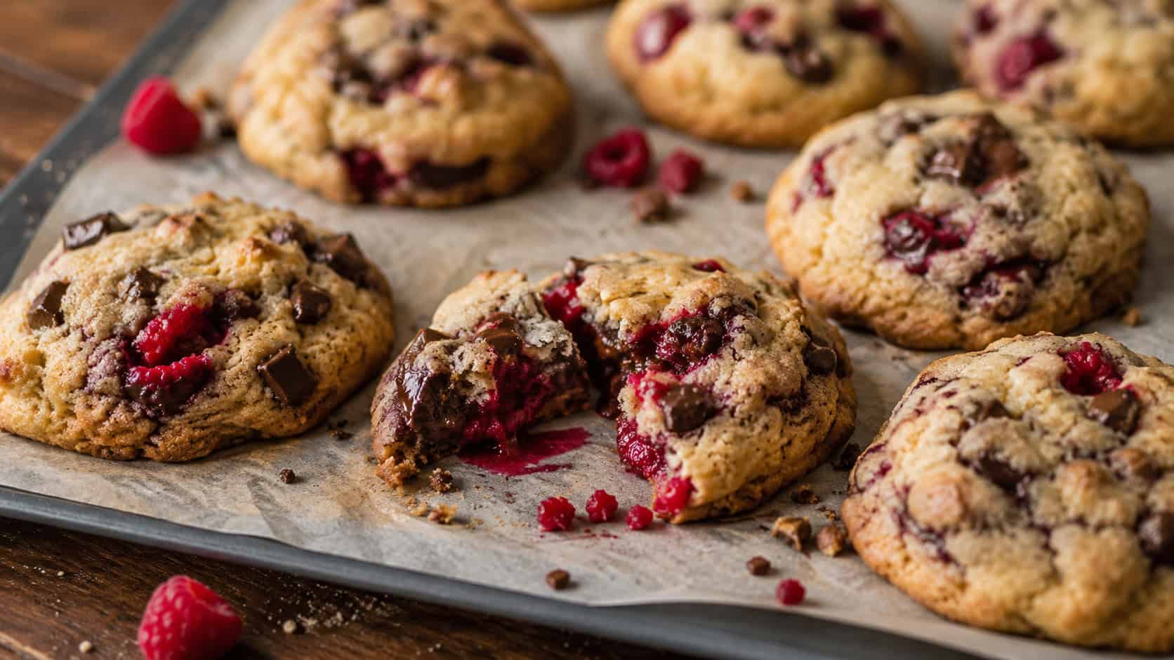 chewy chocolate chip cookies bursting with pockets of red raspberry on a parchment-lined tray, in a wide horizontal shot, melty chocolate visible and crumbs scattered on a wood table, warm natural light, shallow depth of field, landscape orientation