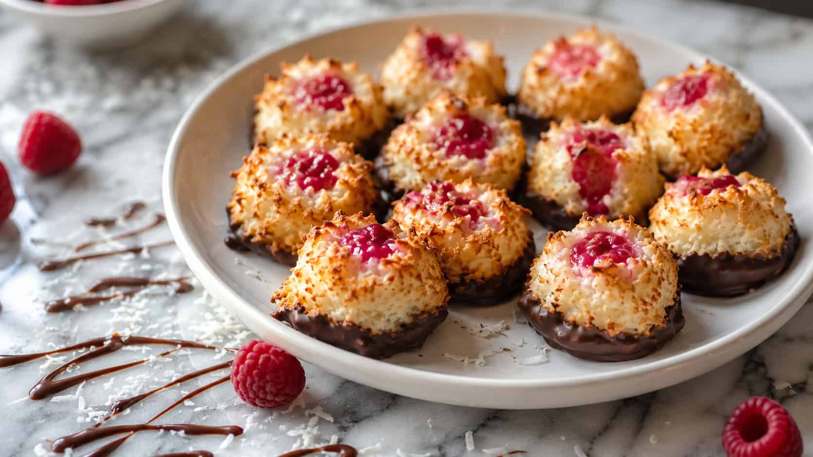 golden toasted coconut macaroons with raspberry-pink centers and chocolate-dipped bottoms on a white plate, in a wide horizontal shot, chocolate drizzle and coconut flakes scattered on a marble surface, natural light, shallow depth of field, landscape orientation