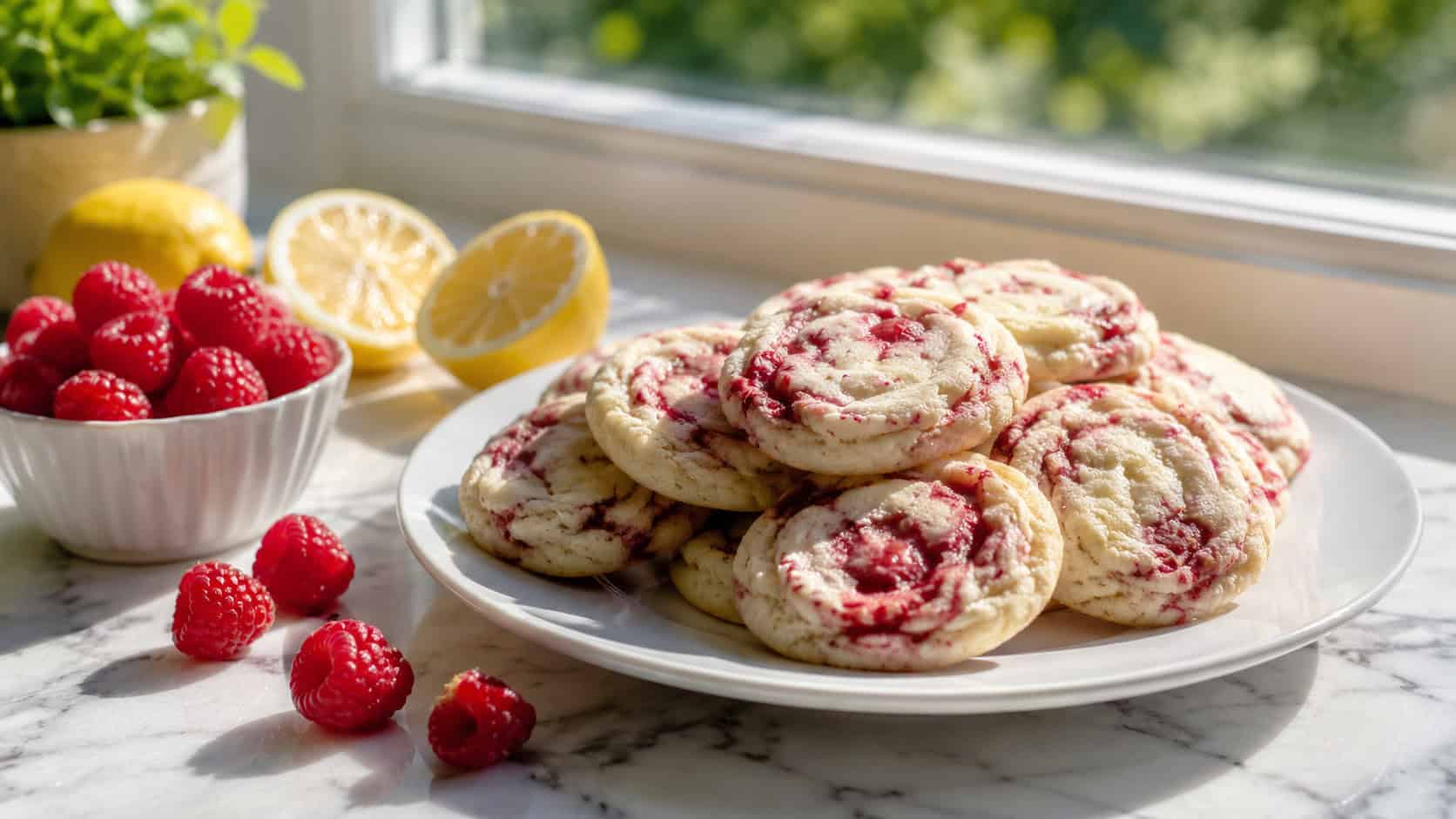 pale lemon cookies with raspberry swirls on a sunny windowsill plate, in a wide horizontal shot, lemon halves and fresh raspberries beside them on a bright kitchen counter, airy natural light, shallow depth of field, landscape orientation