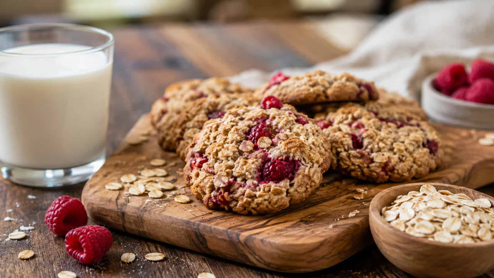 rustic oatmeal cookies flecked with oats and red raspberry on a wooden cutting board, in a wide horizontal shot, a glass of milk and scattered oats beside them, cozy natural light, shallow depth of field, landscape orientation