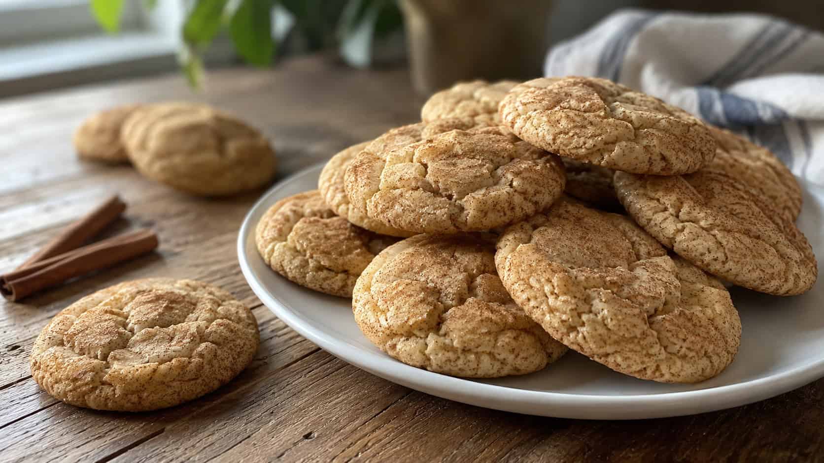 a plate of soft cinnamon-sugar snickerdoodle cookies with crackled tops in a wide horizontal shot, stacked on a white ceramic plate with a few cookies scattered on a rustic wooden table, natural window light, shallow depth of field, landscape orientation
