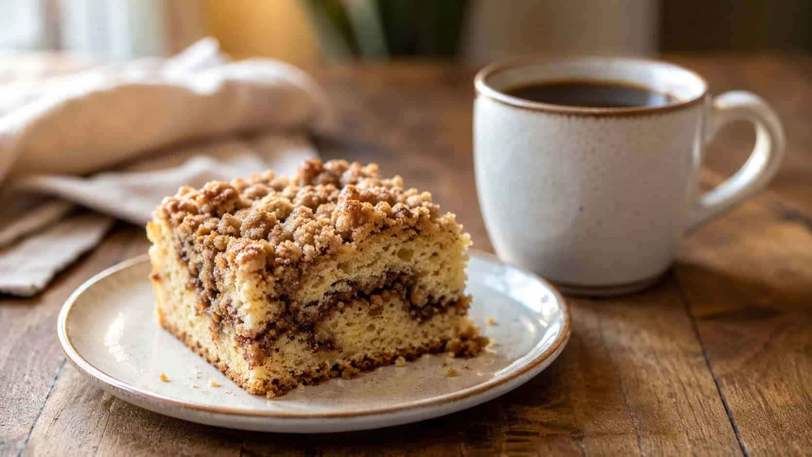 a square of cinnamon coffee cake with a crumbly streusel top and a cinnamon swirl center in a wide horizontal shot, on a small plate beside a mug of coffee on a wooden table, soft morning light, shallow depth of field, landscape orientation