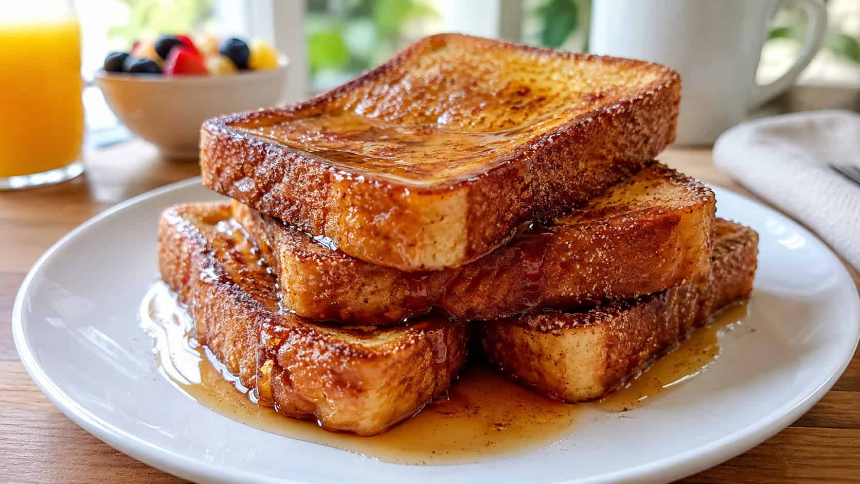 golden French toast slices coated in cinnamon sugar with maple syrup drizzling down in a wide horizontal shot, stacked on a white plate on a wooden breakfast table, bright morning light, shallow depth of field, landscape orientation