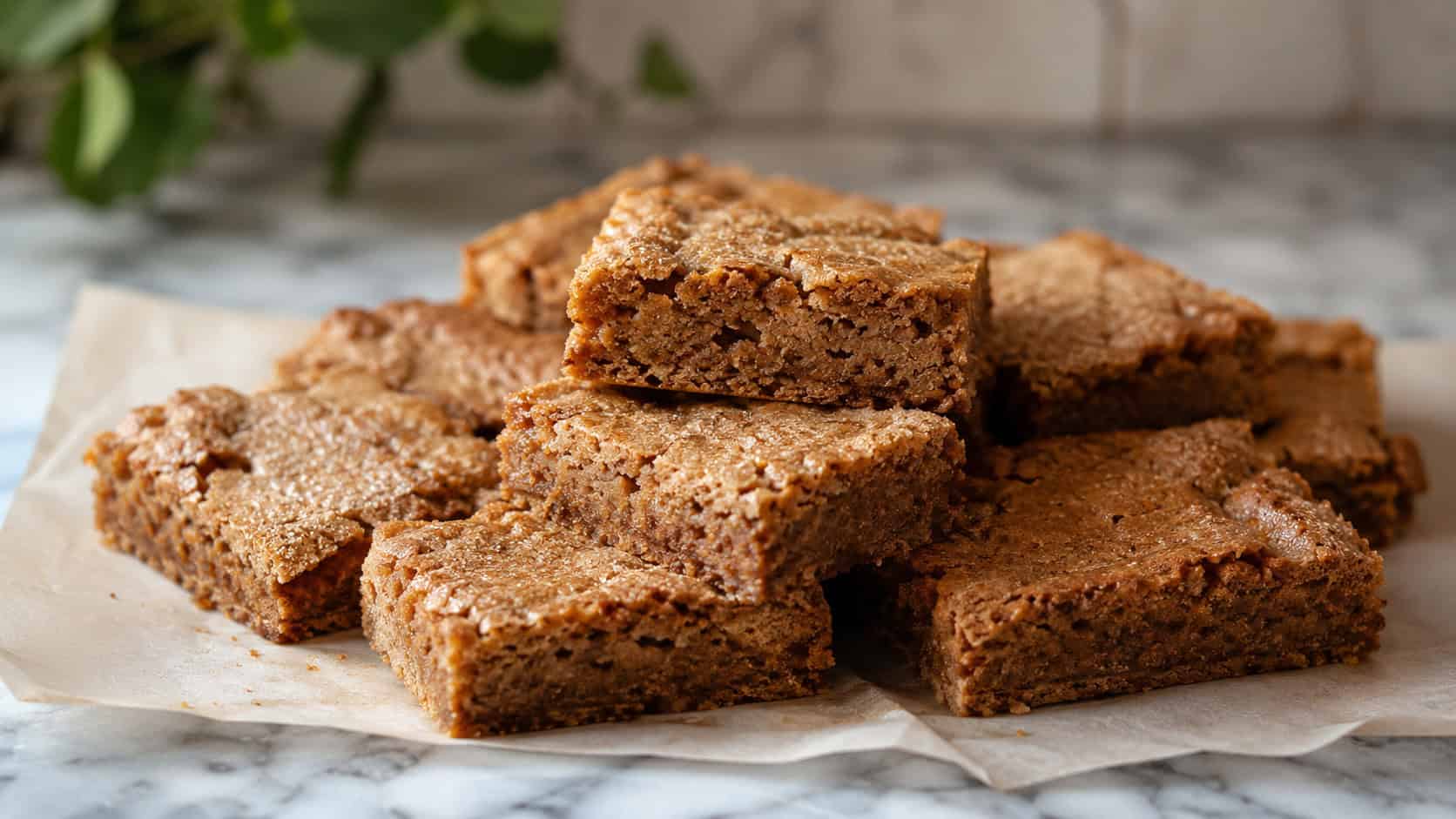 thick chewy cinnamon blondies cut into squares with a sugary crackled top in a wide horizontal shot, stacked on parchment over a marble counter, soft natural light, shallow depth of field, landscape orientation