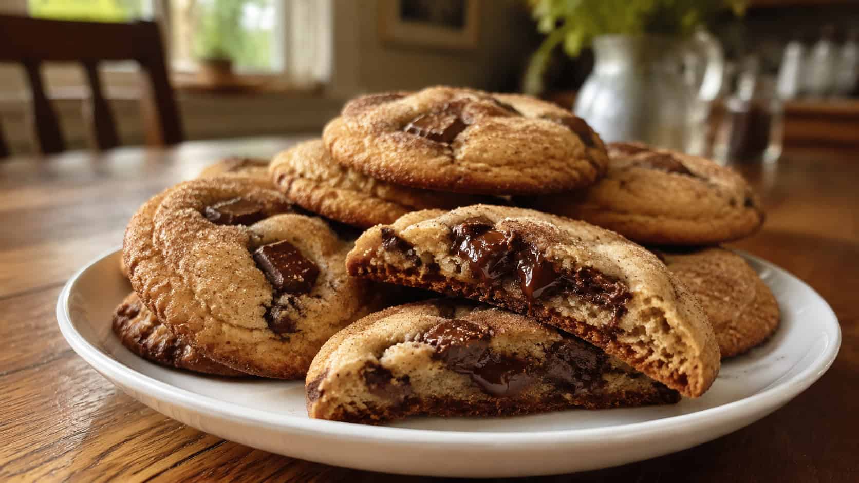 chewy cinnamon-sugar cookies studded with melty chocolate chips in a wide horizontal shot, stacked on a white plate with a few broken to show gooey centers on a wooden table, warm natural light, shallow depth of field, landscape orientation