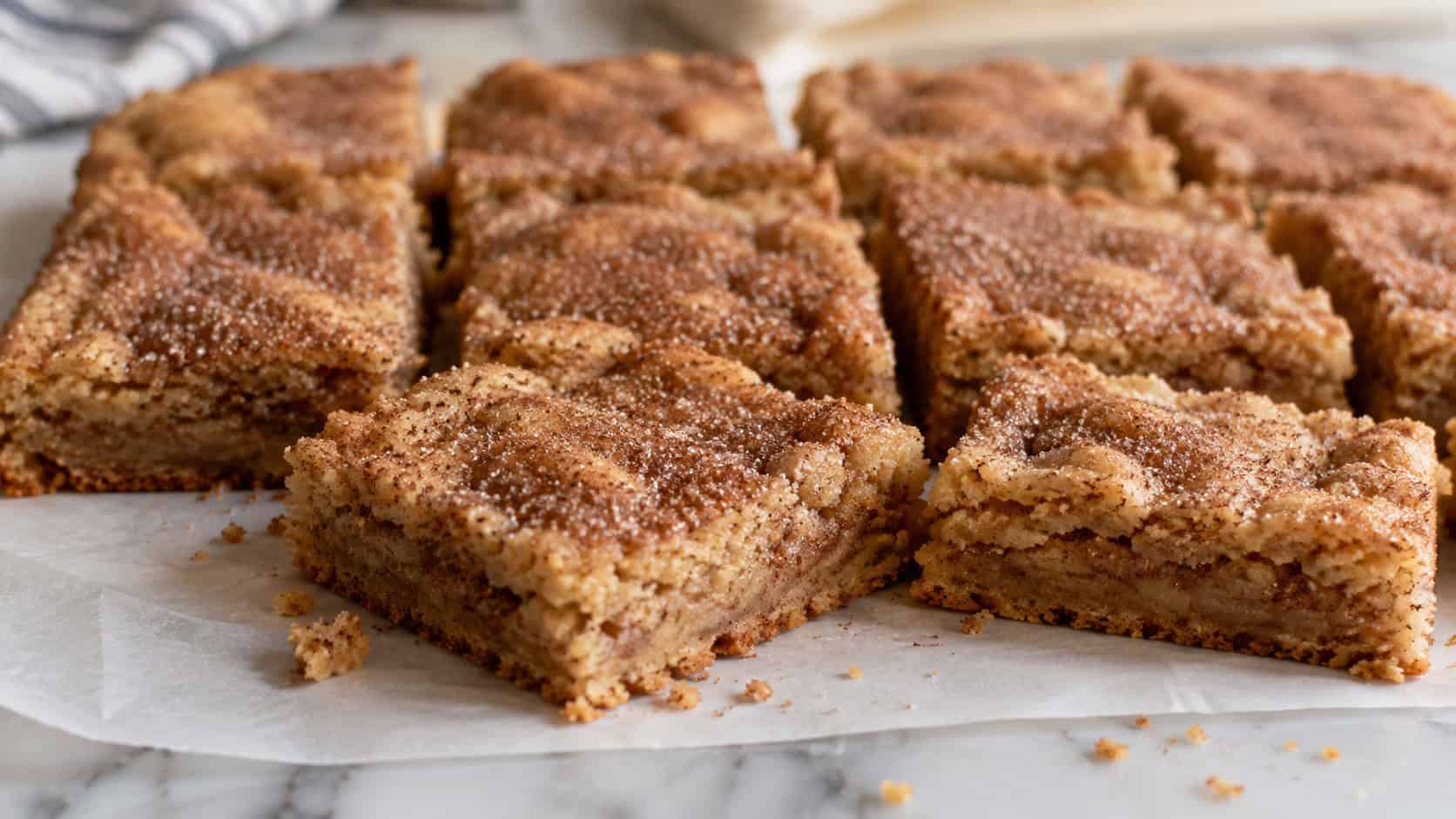 thick chewy cinnamon-sugar cookie bars cut into squares in a wide horizontal shot, arranged on a slab of parchment over a marble counter with a few crumbs, soft natural light, shallow depth of field, landscape orientation