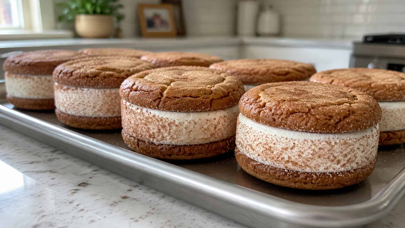 cinnamon cookie ice cream sandwiches with creamy vanilla filling and cinnamon-sugar edges in a wide horizontal shot, lined up on a chilled metal tray on a kitchen counter, bright natural light, shallow depth of field, landscape orientation