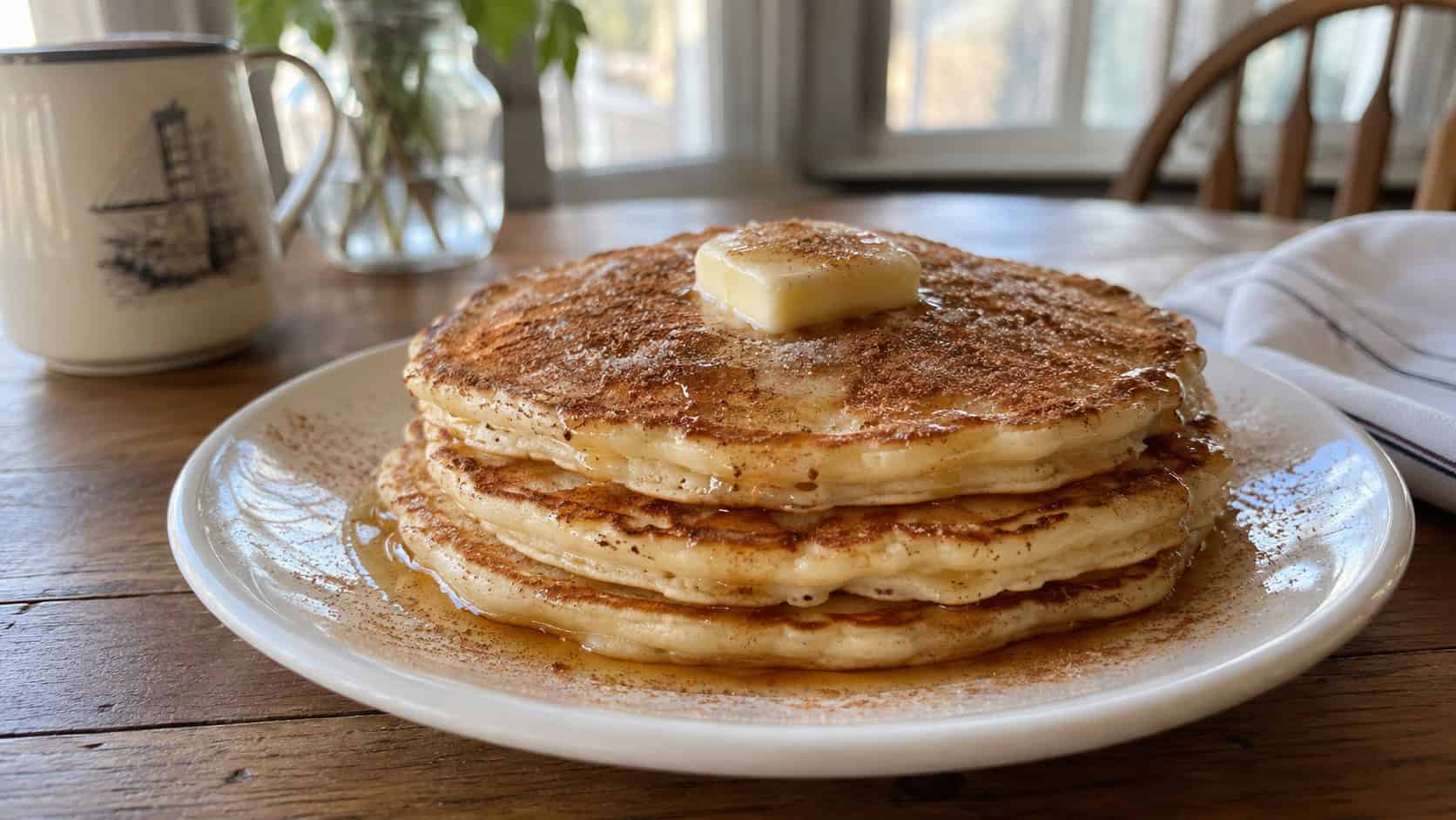 a stack of fluffy cinnamon pancakes with melting butter and a cinnamon-sugar dusting in a wide horizontal shot, on a white plate atop a wooden breakfast table, soft morning light, shallow depth of field, landscape orientation
