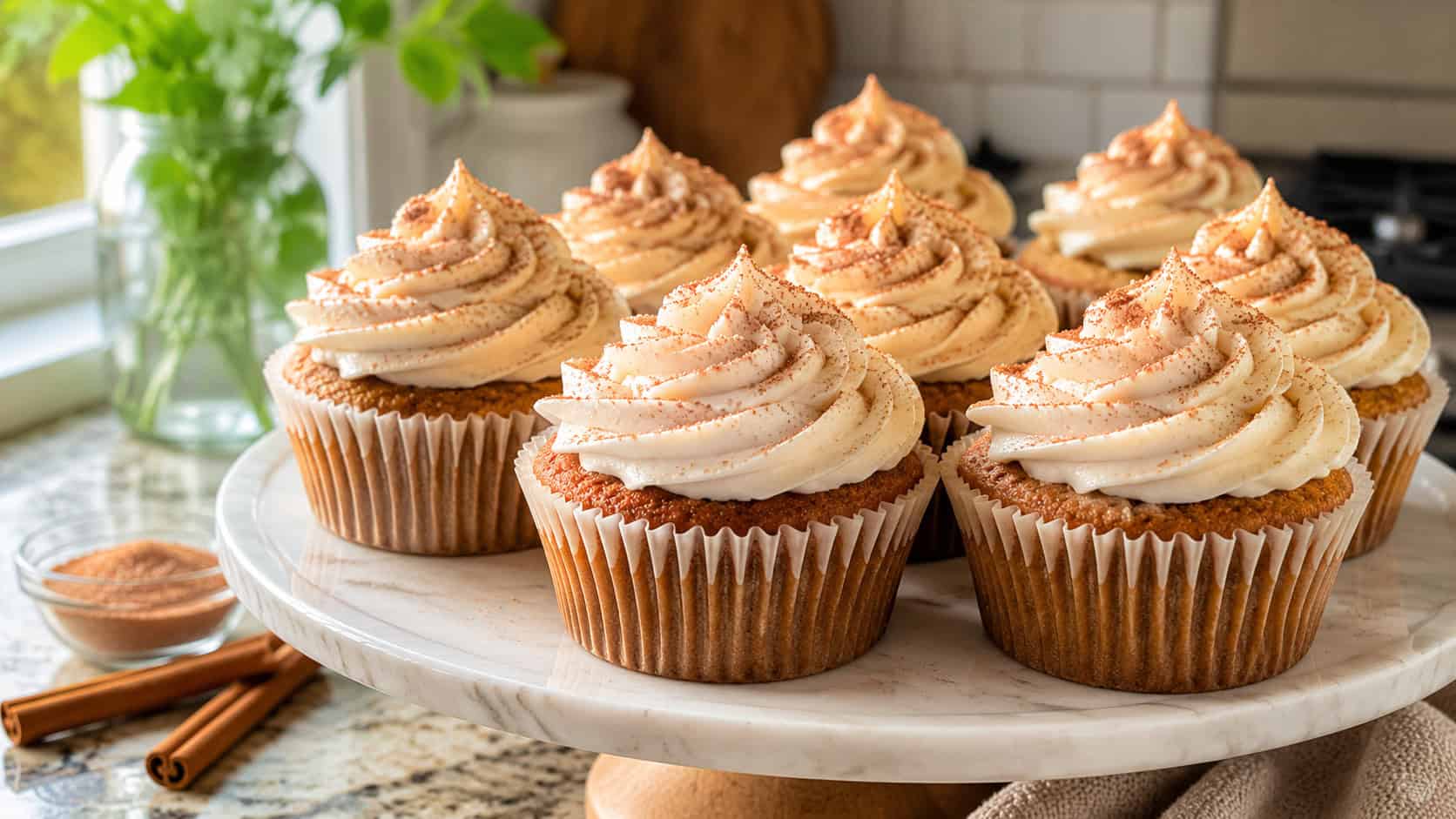 frosted cinnamon cupcakes with swirls of cream cheese frosting and a cinnamon-sugar sprinkle in a wide horizontal shot, arranged on a cake stand on a kitchen counter, bright natural light, shallow depth of field, landscape orientation