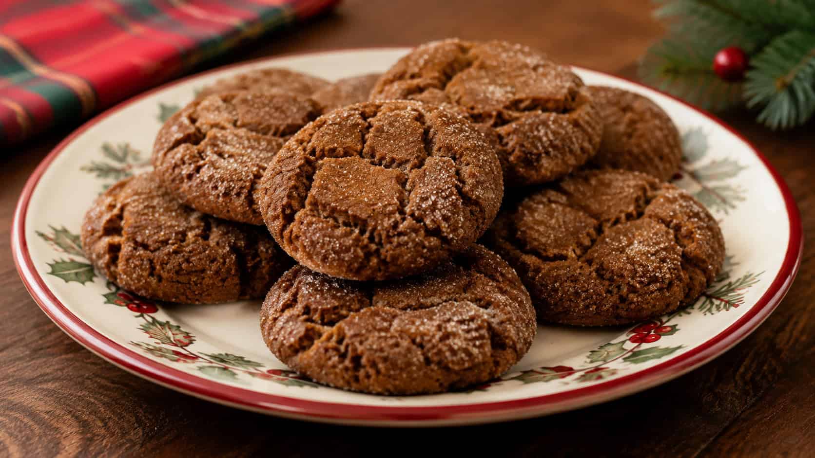 dark spiced molasses cookies coated in cinnamon sugar with crackled tops in a wide horizontal shot, arranged on a holiday-themed plate on a wooden table, warm natural light, shallow depth of field, landscape orientation