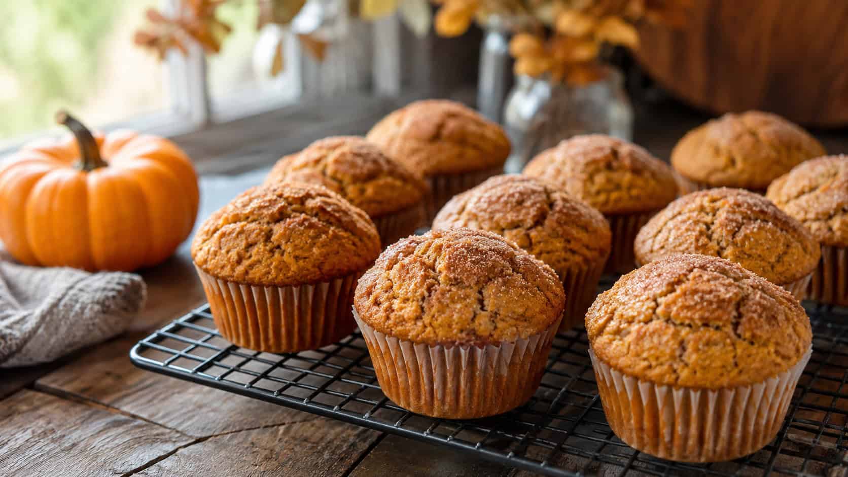 golden pumpkin muffins with crackly cinnamon-sugar tops in a wide horizontal shot, resting on a cooling rack over a rustic wooden table with a small pumpkin nearby, soft autumn light, shallow depth of field, landscape orientation