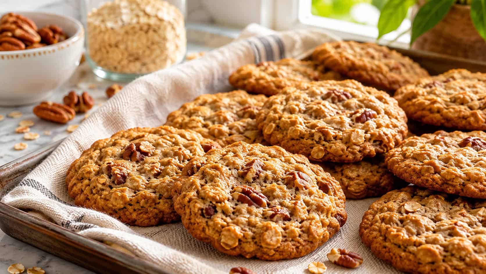 soft oatmeal pecan cookies in a wide horizontal shot, hearty and golden with visible oats, scattered across a linen-lined tray on a kitchen counter, bright natural light, shallow depth of field, landscape orientation