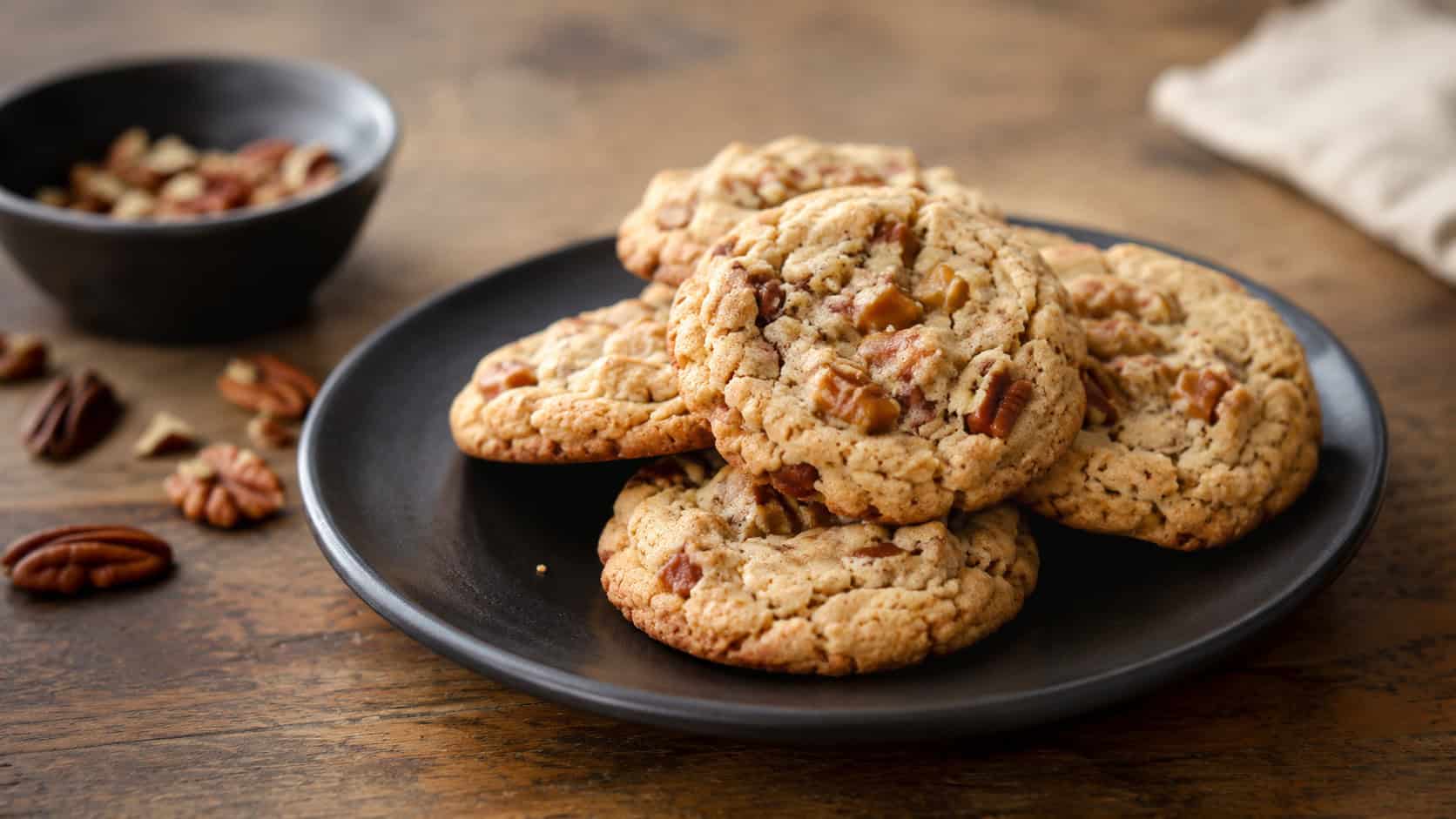 chewy toffee pecan cookies in a wide horizontal shot, golden with flecks of toffee, stacked slightly off-center on a dark plate over a wooden table, soft natural light, shallow depth of field, landscape orientation