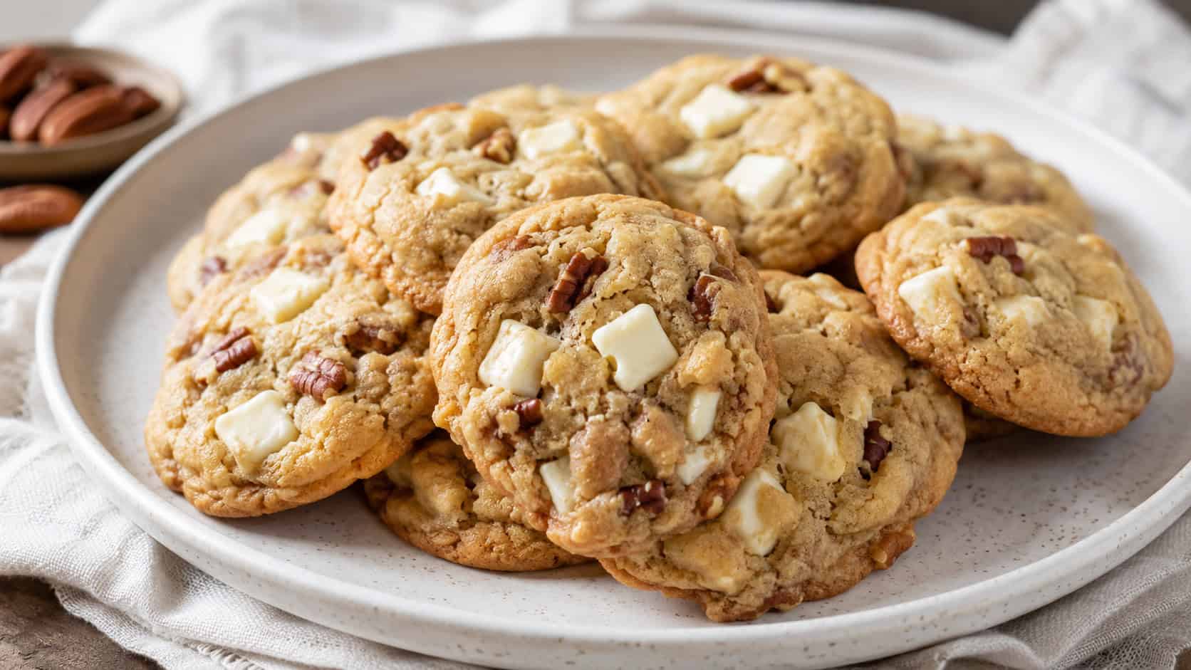 white chocolate pecan cookies in a wide horizontal shot, soft and golden with visible white chocolate chunks, arranged on a pale ceramic plate over a light linen cloth, bright natural light, shallow depth of field, landscape orientation