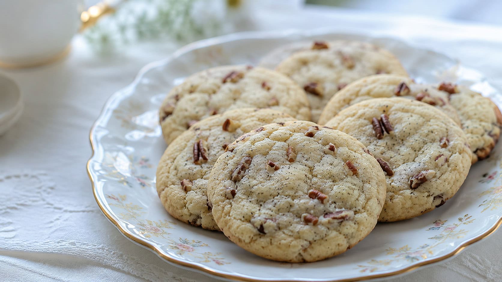 elegant vanilla bean pecan cookies in a wide horizontal shot, pale and flecked with vanilla specks, arranged on a delicate china plate over a soft white tablecloth, gentle natural light, shallow depth of field, landscape orientation