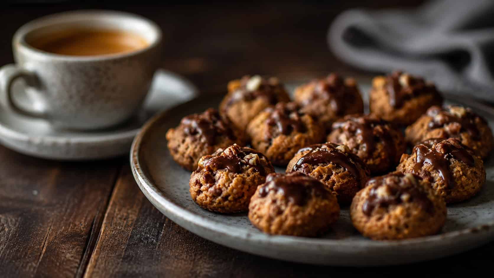 small espresso pecan bite cookies in a wide horizontal shot, deep golden-brown and topped with chocolate, served beside a cup of espresso on a dark wooden table, moody natural light, shallow depth of field, landscape orientation
