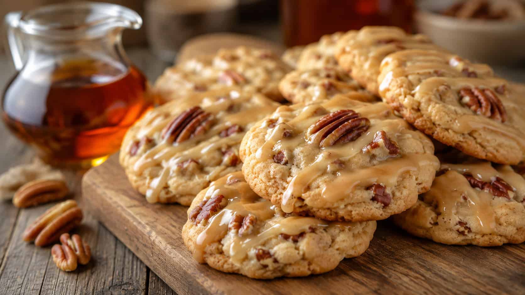 soft maple-glazed pecan cookies in a wide horizontal shot, drizzled with a glossy glaze and resting on a rustic wooden board beside a small jug of maple syrup, warm natural light, shallow depth of field, landscape orientation