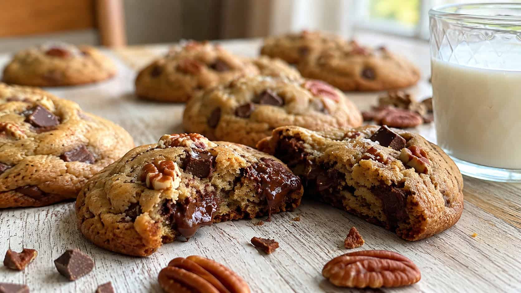 thick chocolate chip pecan cookies in a wide horizontal shot, one broken open to show melty chocolate, scattered on a light wooden table with a glass of milk nearby, bright natural light, shallow depth of field, landscape orientation