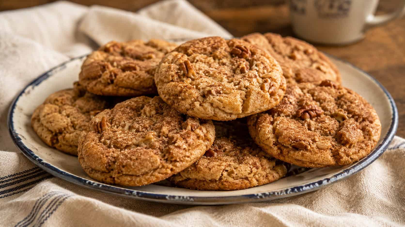crinkled cinnamon-sugar pecan snickerdoodles in a wide horizontal shot, dusted with spice and piled on a vintage enamel plate on a cozy linen napkin, warm natural light, shallow depth of field, landscape orientation