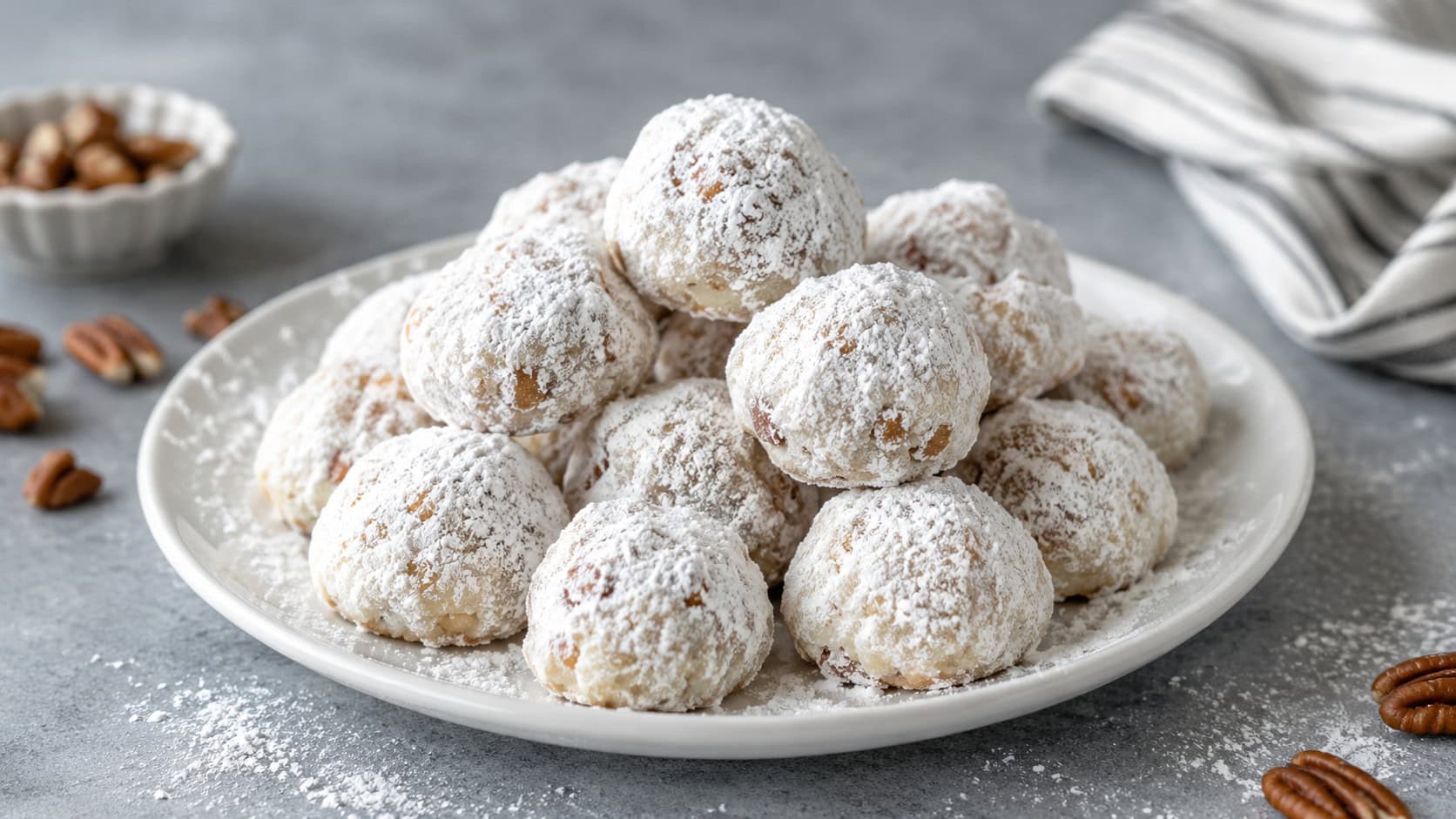 powdered-sugar-coated butter pecan sandies in a wide horizontal shot, piled like little snowballs on a white plate with a dusting of sugar across a soft gray surface, gentle natural light, shallow depth of field, landscape orientation