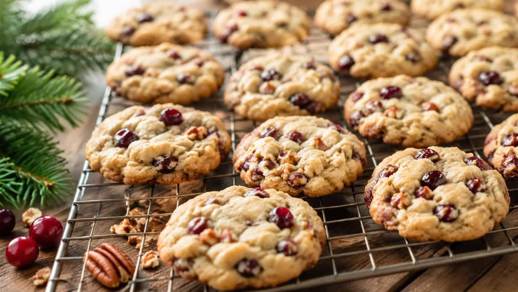 cranberry pecan cookies in a wide horizontal shot, flecked with red cranberries and golden pecans, arranged on a holiday-style cooling rack over a wooden table, bright natural light, shallow depth of field, landscape orientation