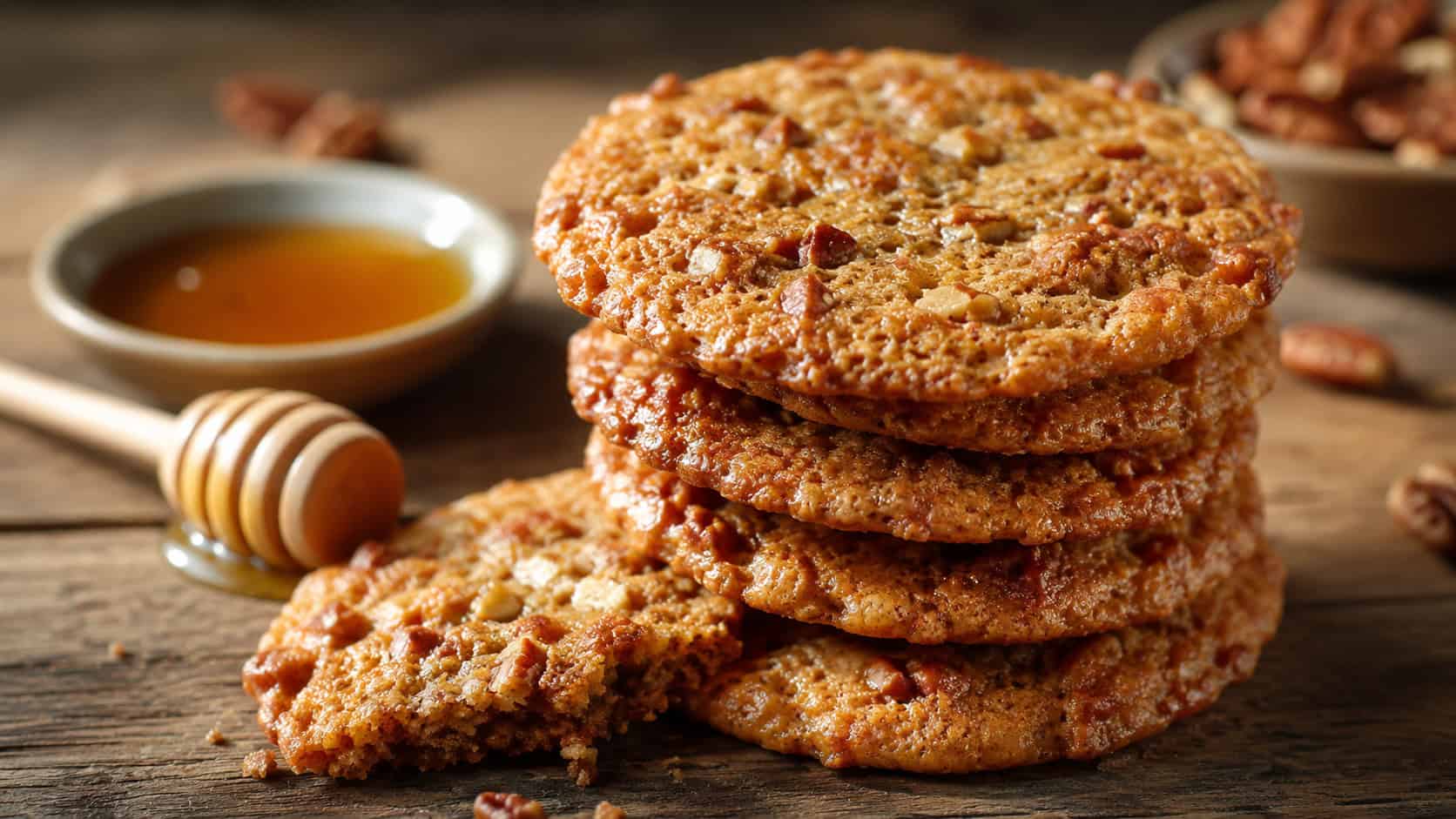 crisp honey pecan cookies in a wide horizontal shot, golden and glistening, stacked beside a honey dipper and small dish of honey on a rustic wooden surface, warm natural light, shallow depth of field, landscape orientation