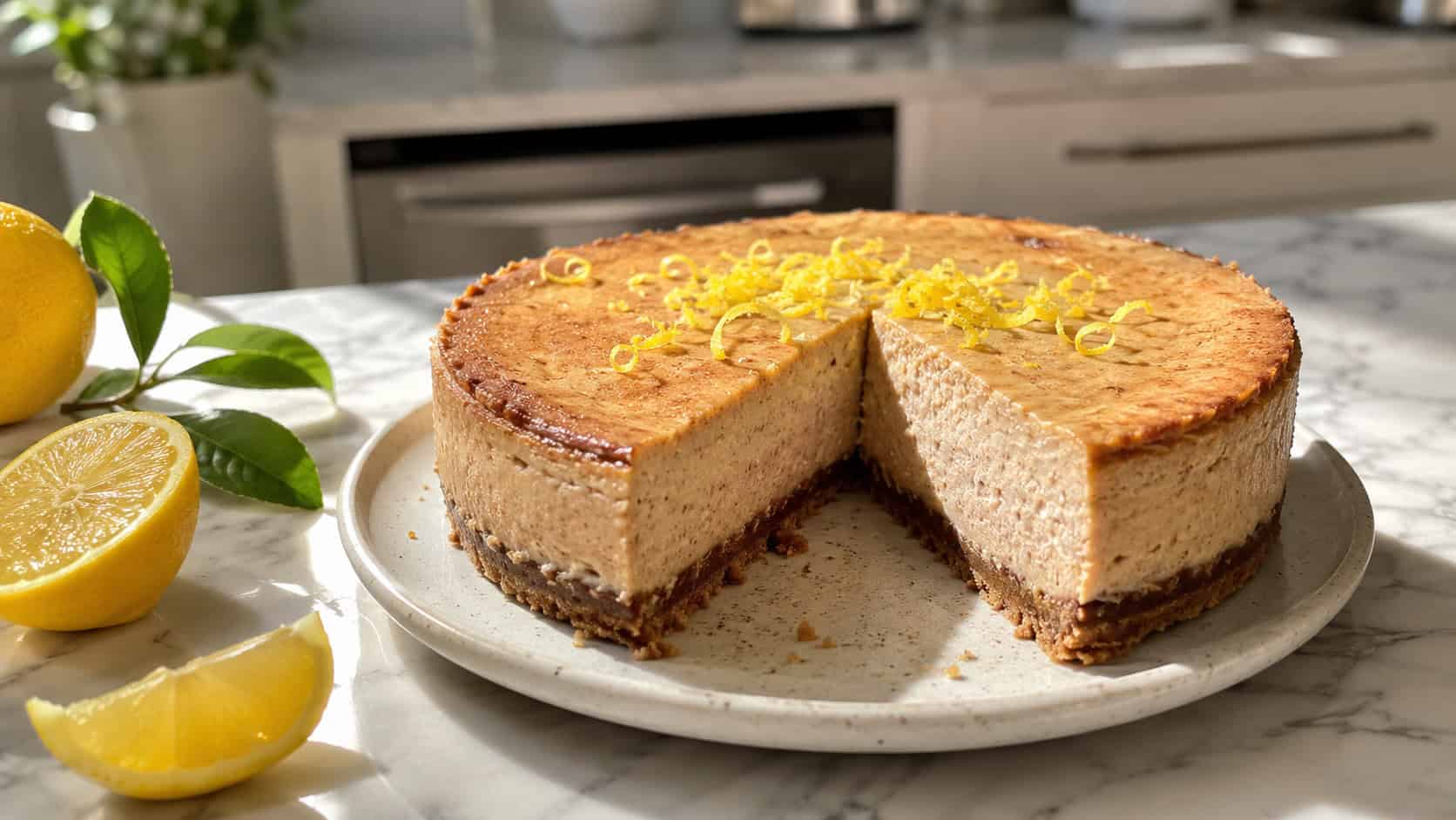 a pale cinnamon cheesecake brightened with curls of lemon zest on top, one slice cut, in a wide horizontal shot on a sunny kitchen counter with lemons nearby, natural light, shallow depth of field, landscape orientation