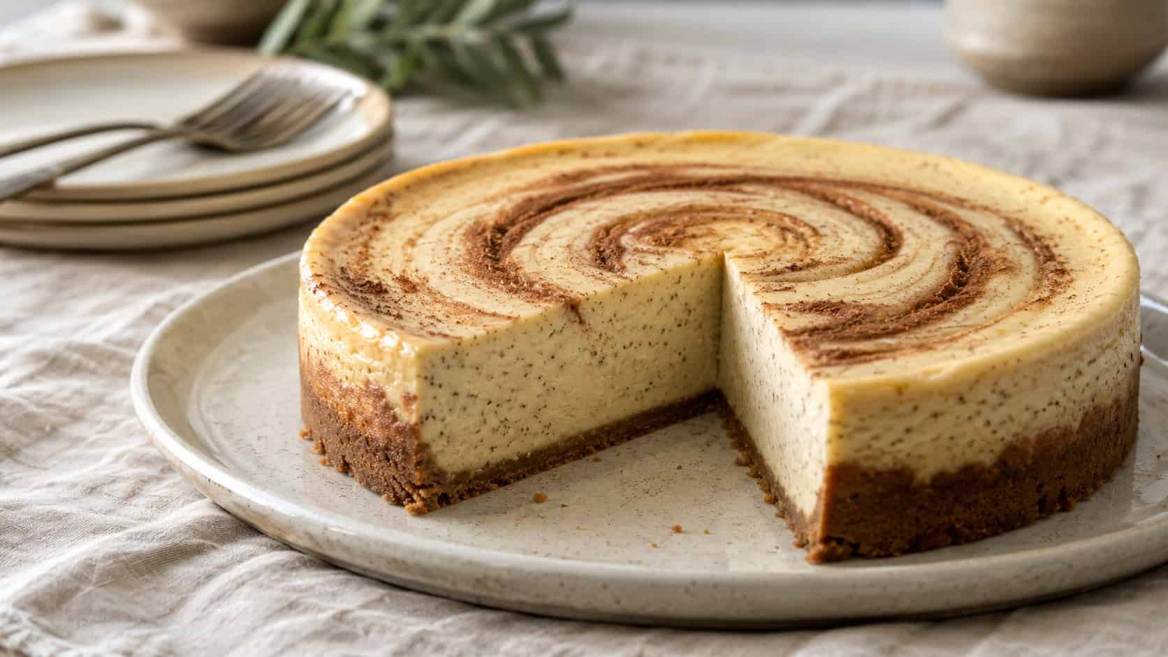 a creamy cheesecake flecked with tiny vanilla bean seeds and a cinnamon swirl on top, one slice cut, in a wide horizontal shot on a soft linen tablecloth, natural light, shallow depth of field, landscape orientation