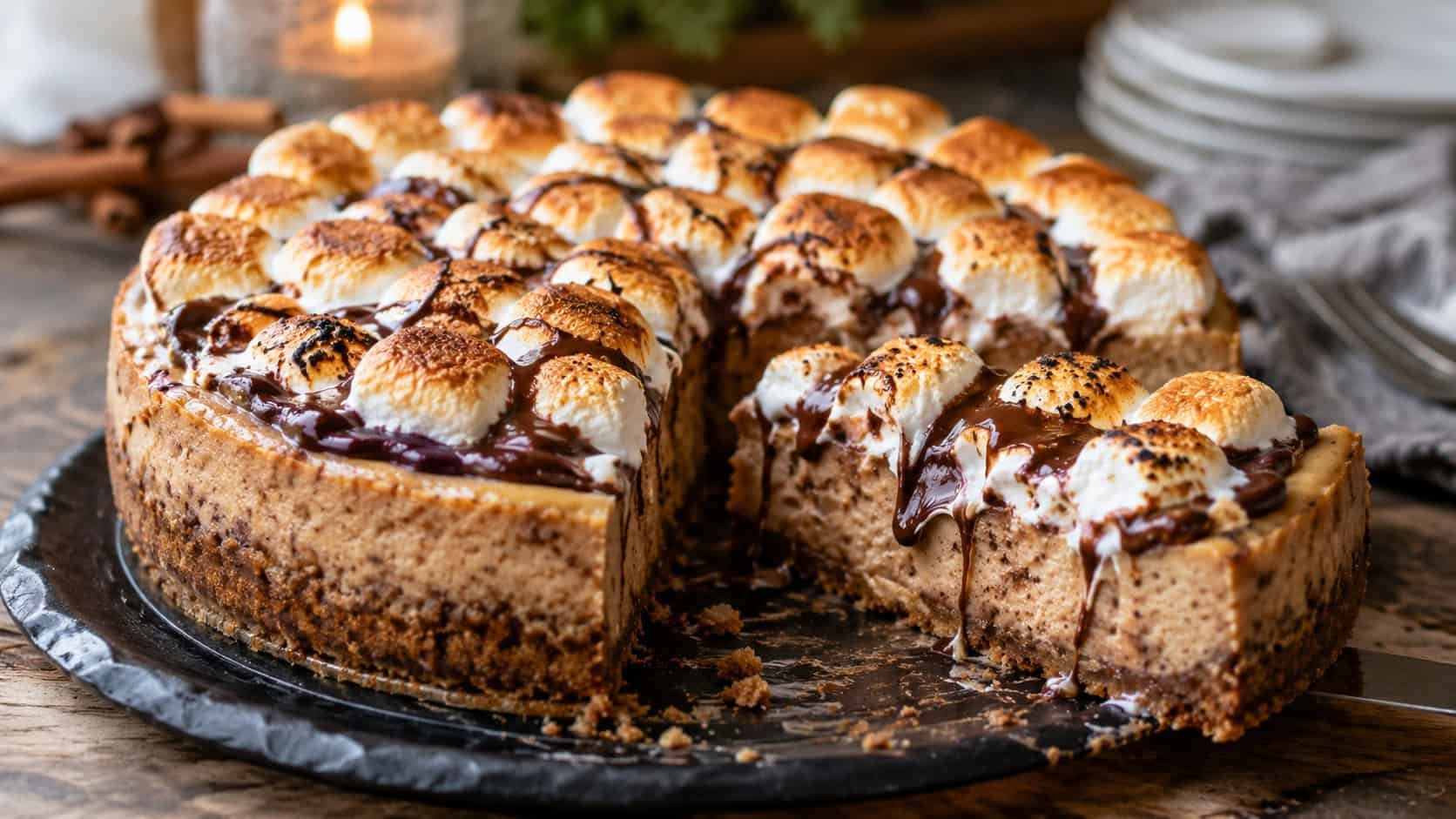a cinnamon cheesecake topped with golden toasted marshmallows and melty chocolate, one gooey slice pulled away, in a wide horizontal shot on a rustic table, natural light, shallow depth of field, landscape orientation