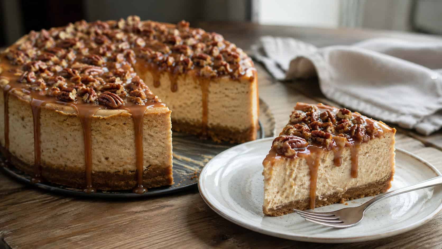 a cinnamon cheesecake topped with glossy caramel and toasted pecans cascading down the side, one slice on a plate, in a wide horizontal shot on a wooden table, natural light, shallow depth of field, landscape orientation