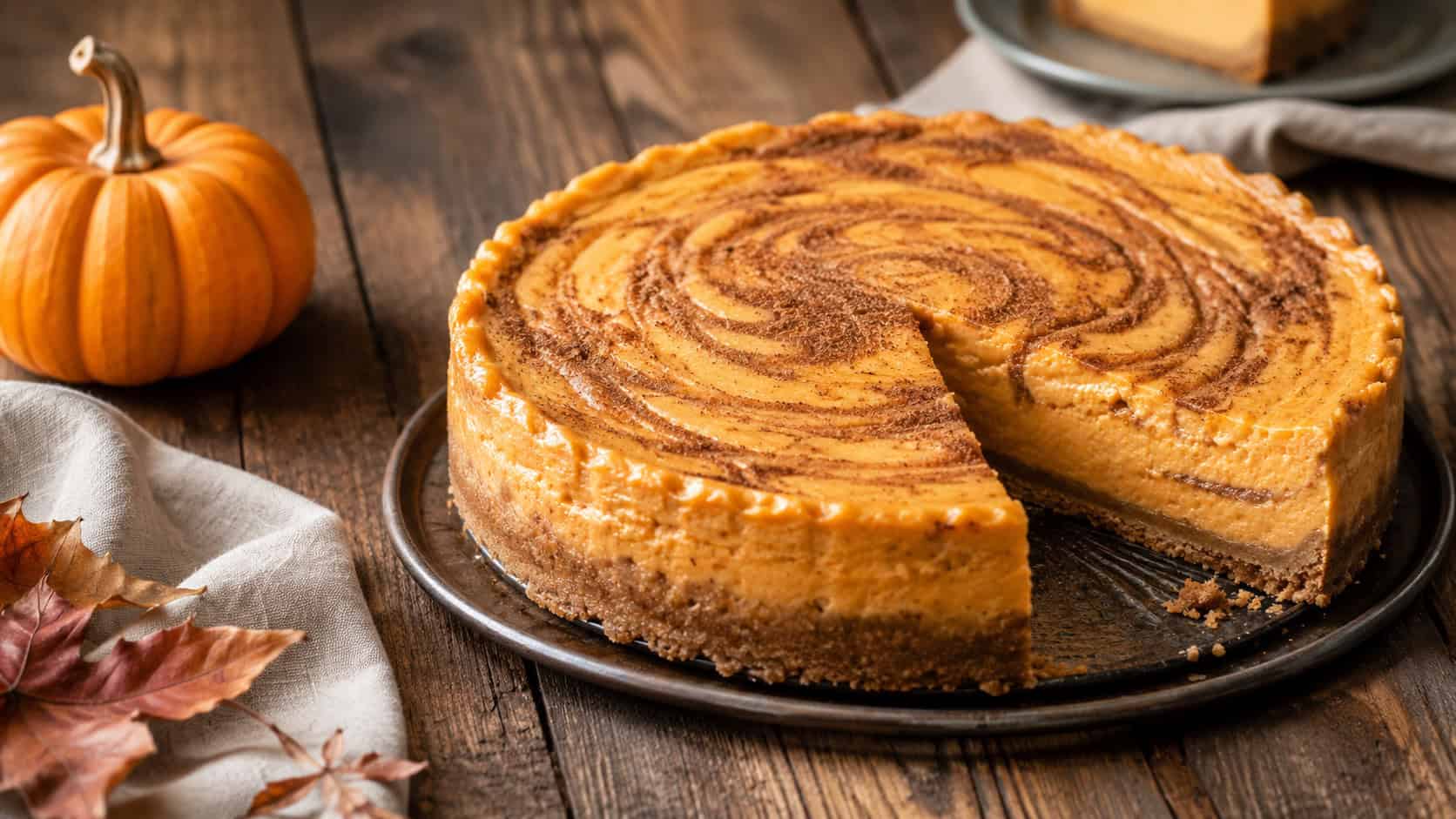 a warm-orange pumpkin cheesecake with a cinnamon swirl and a dusting of spice, one slice cut, in a wide horizontal shot on a rustic autumn table beside a small pumpkin, natural light, shallow depth of field, landscape orientation