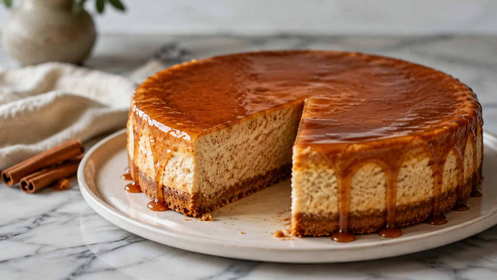 a cinnamon cheesecake with amber maple glaze dripping down its sides, one slice cut away, in a wide horizontal shot on a light marble surface, natural light, shallow depth of field, landscape orientation