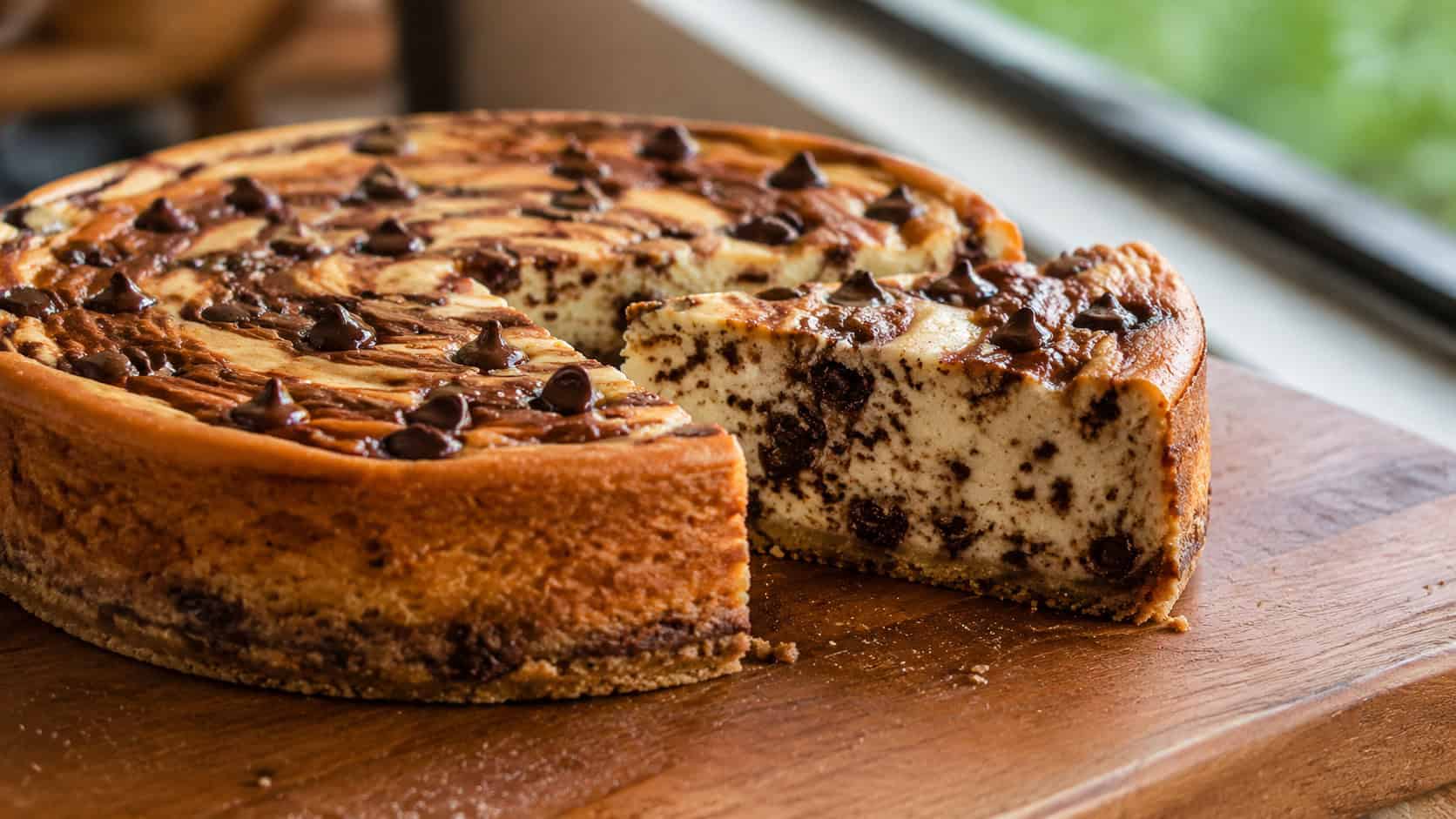 a cinnamon cheesecake speckled with melty chocolate chips and a swirl on top, one slice revealing the chip-studded interior, in a wide horizontal shot on a wooden board, natural light, shallow depth of field, landscape orientation