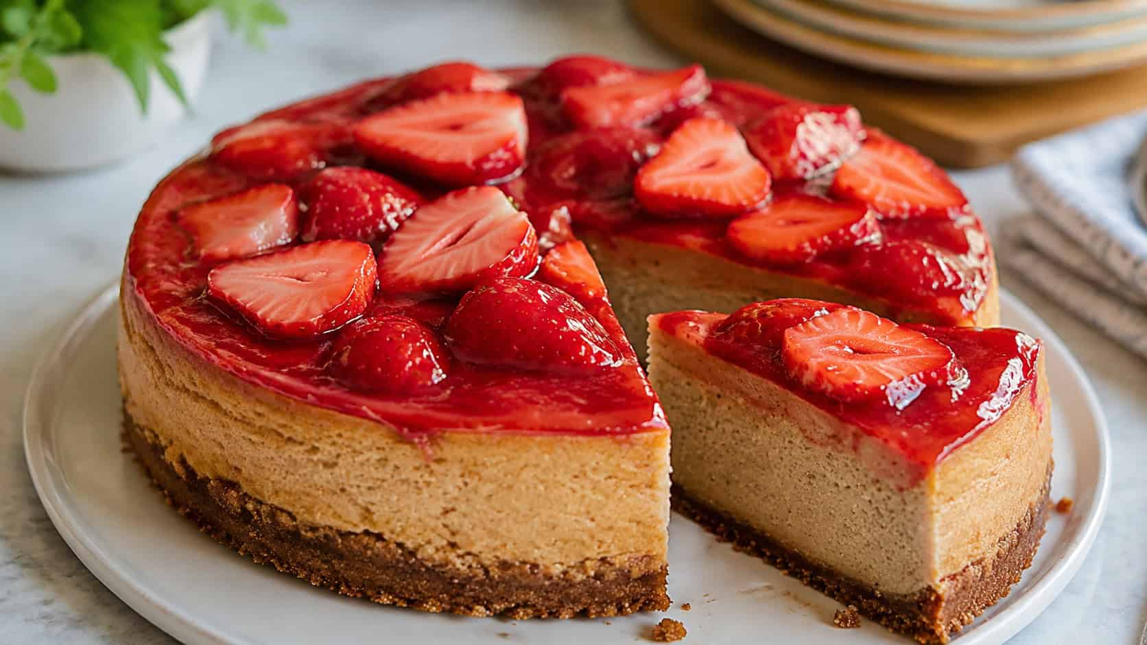 a cinnamon cheesecake topped with glossy red strawberry sauce and fresh berry slices, one slice cut, in a wide horizontal shot on a bright table, natural light, shallow depth of field, landscape orientation