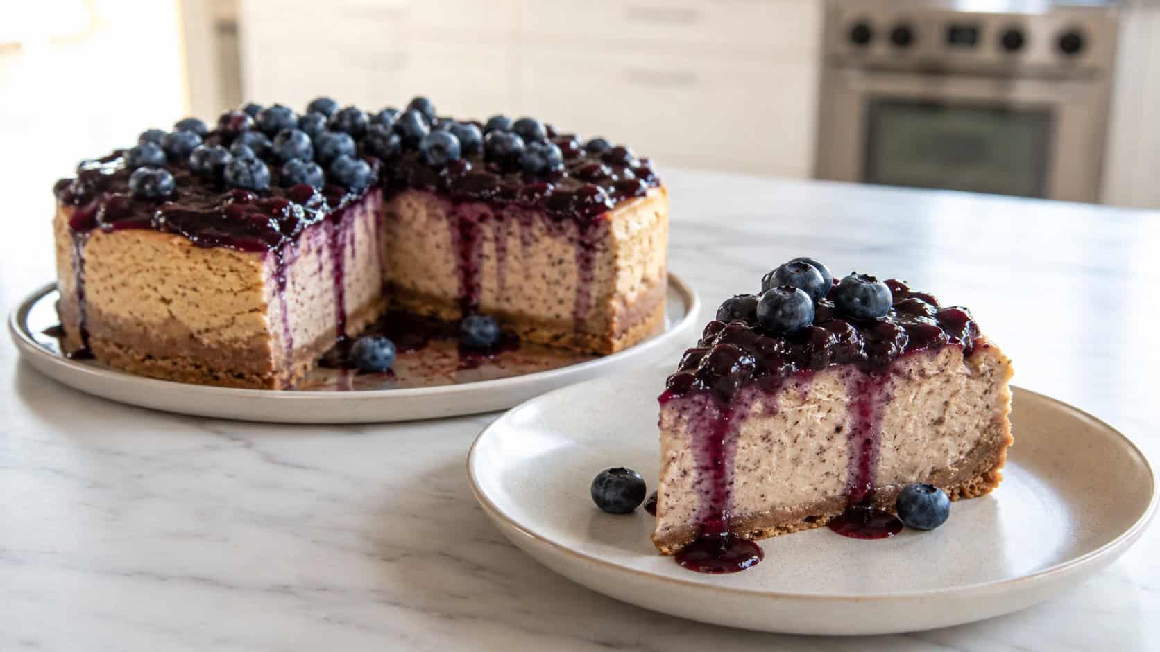a cinnamon cheesecake topped with deep purple blueberry compote and a few fresh berries, one slice on a plate, in a wide horizontal shot on a white marble counter, natural light, shallow depth of field, landscape orientation