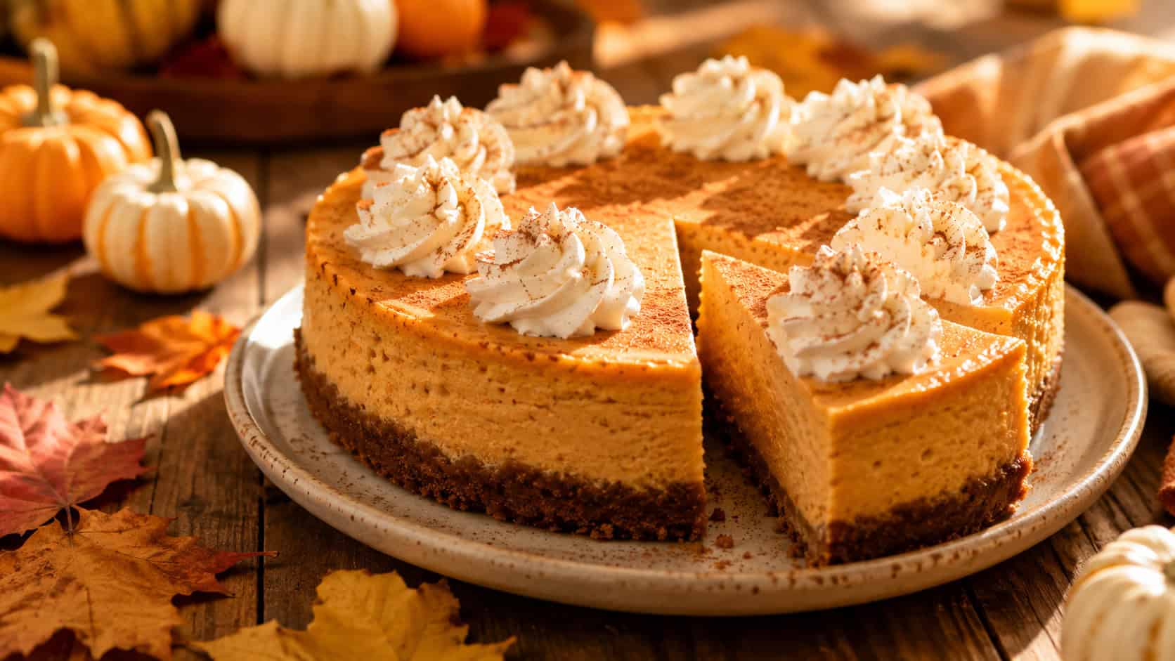 a warm orange-toned pumpkin cheesecake topped with whipped cream swirls and a dusting of cinnamon, one slice cut, on a rustic plate in a wide horizontal shot, on an autumn table with small pumpkins and fallen leaves, golden light, shallow depth of field, landscape orientation