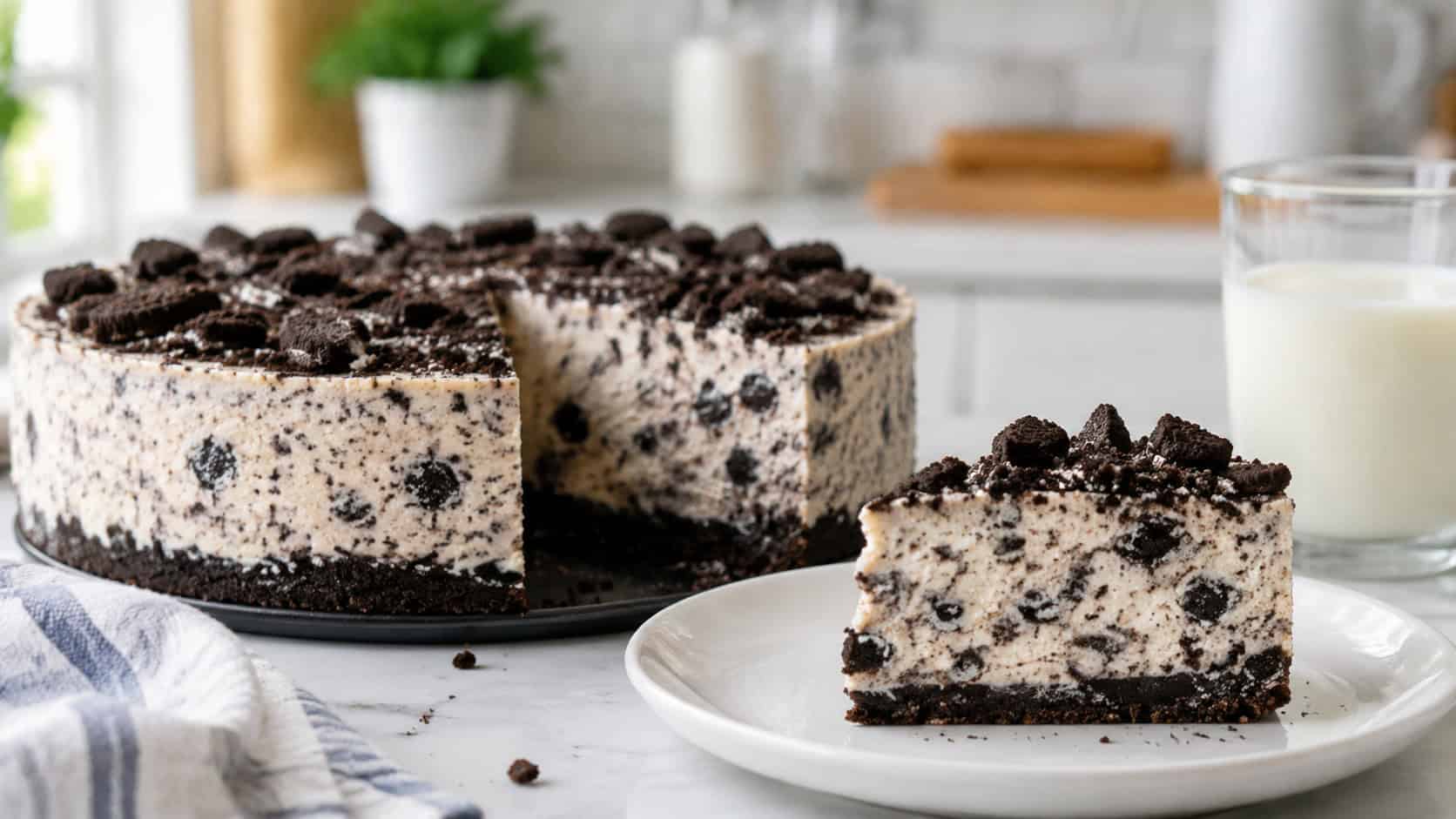 a creamy cookies-and-cream cheesecake studded with dark chocolate cookie pieces and topped with crushed cookie crumbles, one slice plated, on a white plate in a wide horizontal shot, on a bright kitchen table with a glass of milk, cheerful natural light, shallow depth of field, landscape orientation