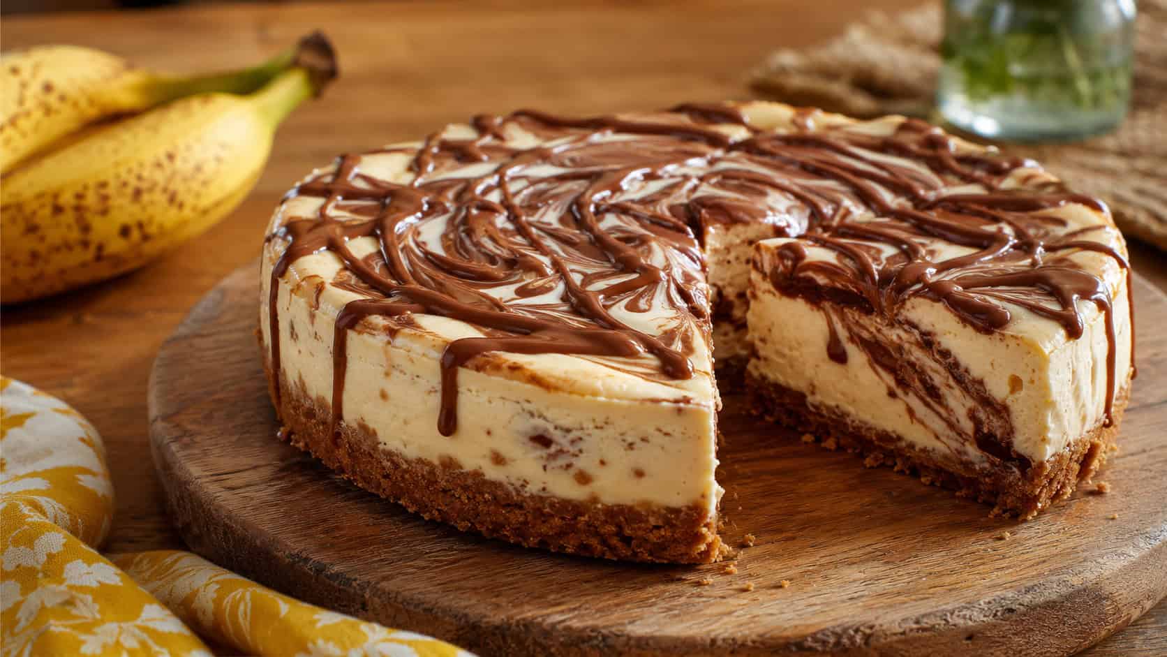 a creamy banana cheesecake swirled with glossy chocolate-hazelnut ribbons and drizzled on top, one slice cut, on a wooden board in a wide horizontal shot, on a homey table with a ripe banana nearby, warm natural light, shallow depth of field, landscape orientation