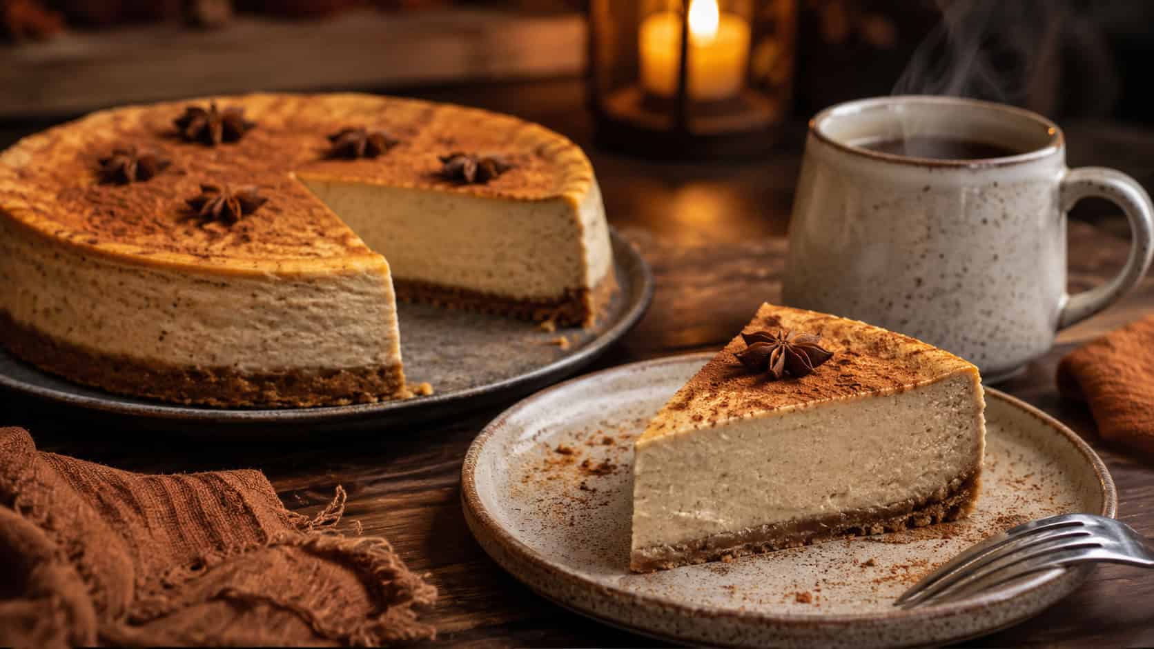 a warm spiced cheesecake with a dusting of cinnamon and a few star anise on top, one slice plated, on a stoneware plate in a wide horizontal shot, on a cozy table beside a steaming mug, soft amber light, shallow depth of field, landscape orientation