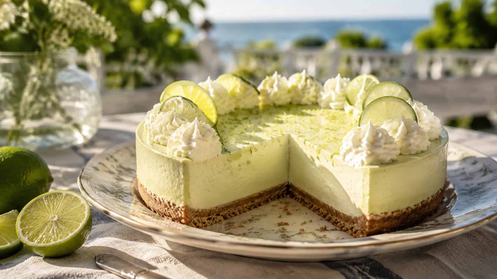 a pale green key lime cheesecake topped with piped whipped cream and thin lime slices, one slice cut, on a vintage plate in a wide horizontal shot, on a breezy summer table with lime wedges, bright sunny light, shallow depth of field, landscape orientation