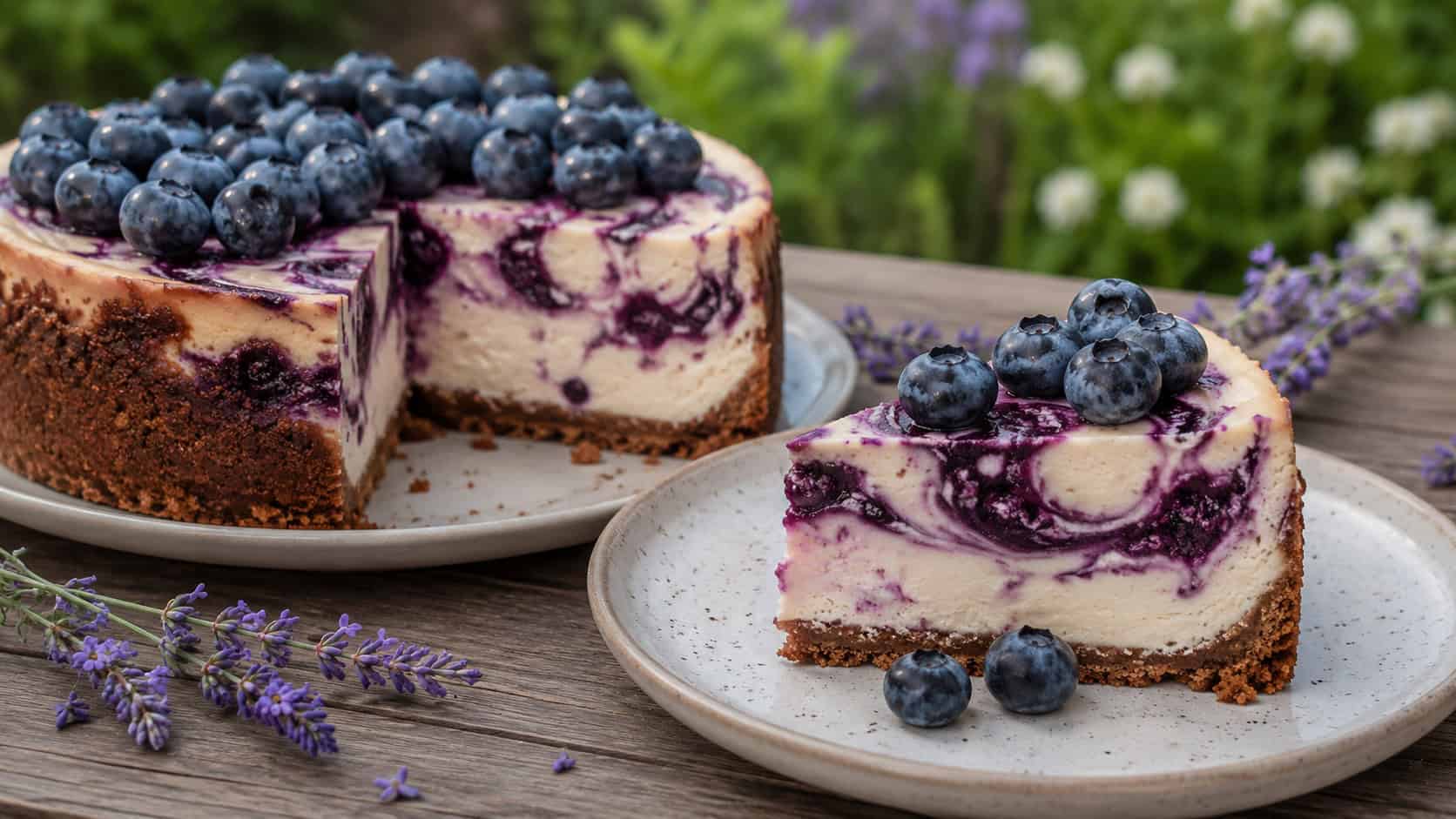 a soft cheesecake swirled with deep purple blueberry compote and topped with fresh blueberries, one slice plated, on a pale ceramic plate in a wide horizontal shot, on a garden table with tiny lavender sprigs, gentle natural light, shallow depth of field, landscape orientation