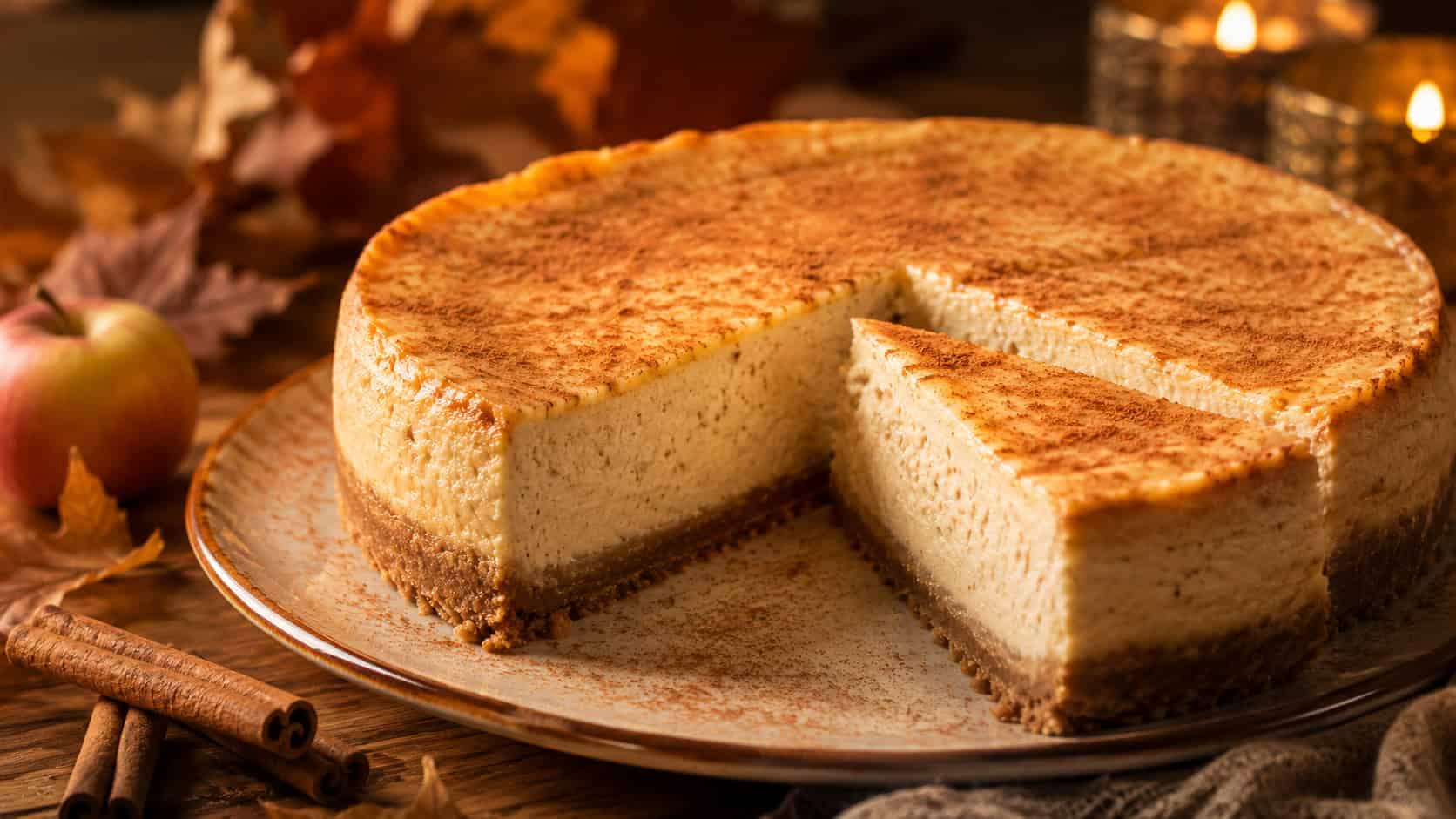a golden spiced apple cider cheesecake with a light dusting of cinnamon, one slice cut, on a rustic plate in a wide horizontal shot, on an autumn table with cinnamon sticks and a small apple, warm golden light, shallow depth of field, landscape orientation