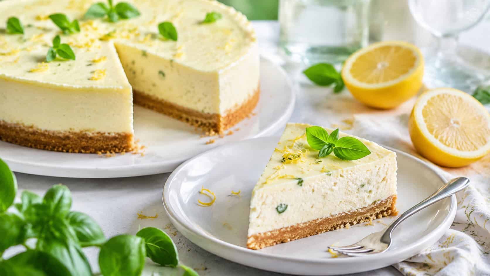 a creamy pale lemon cheesecake flecked with tiny green basil bits and topped with small basil leaves and lemon zest, one slice plated, on a white plate in a wide horizontal shot, on a fresh summer table with lemon halves, bright clean light, shallow depth of field, landscape orientation